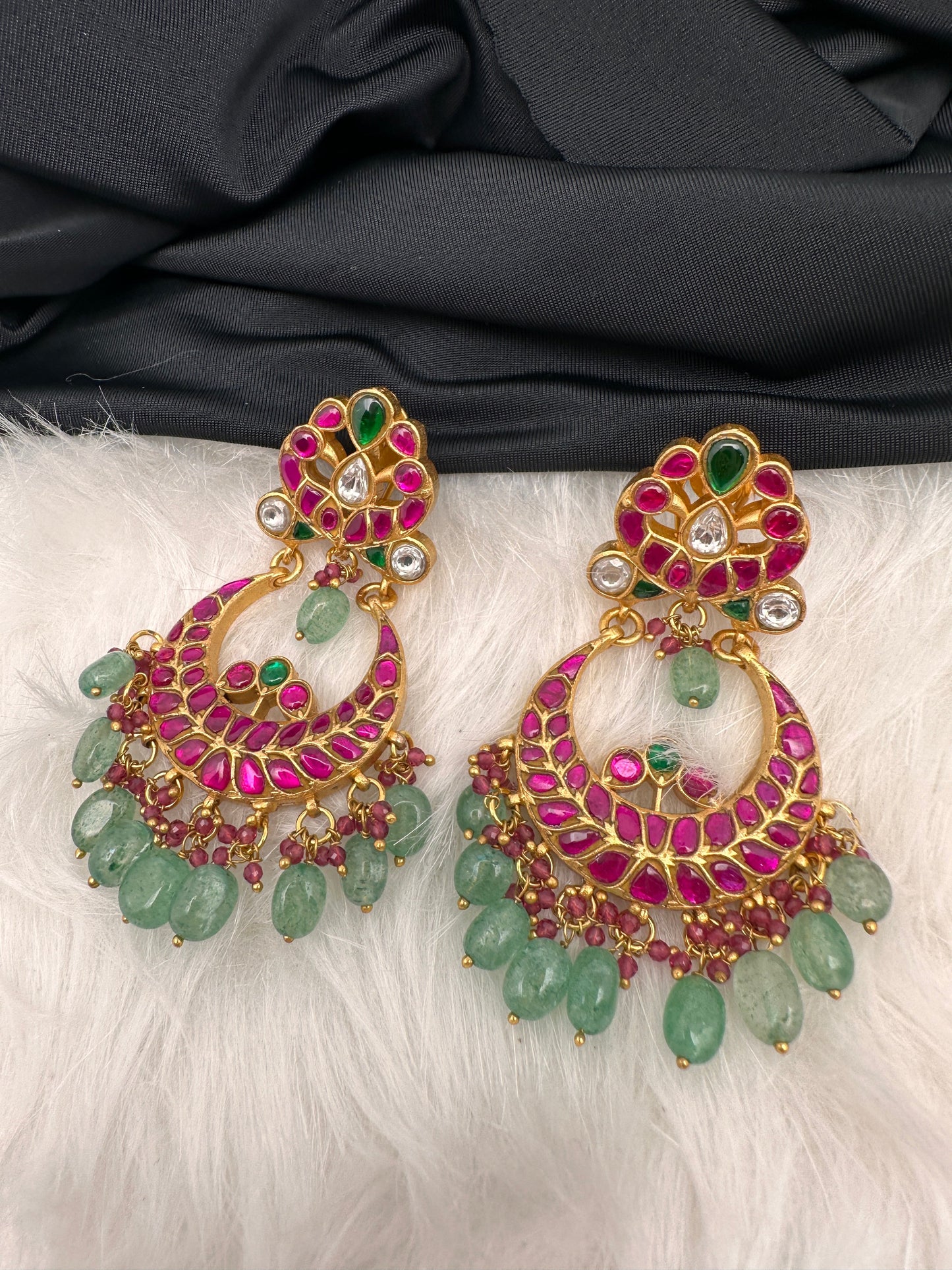 Red Green Jadau Kundan Chandbali Earrings