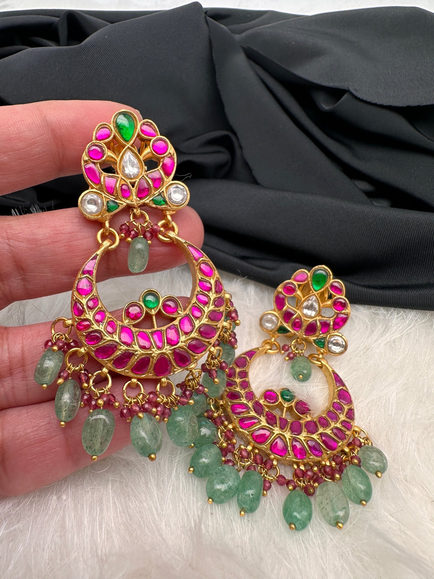 Red Green Jadau Kundan Chandbali Earrings