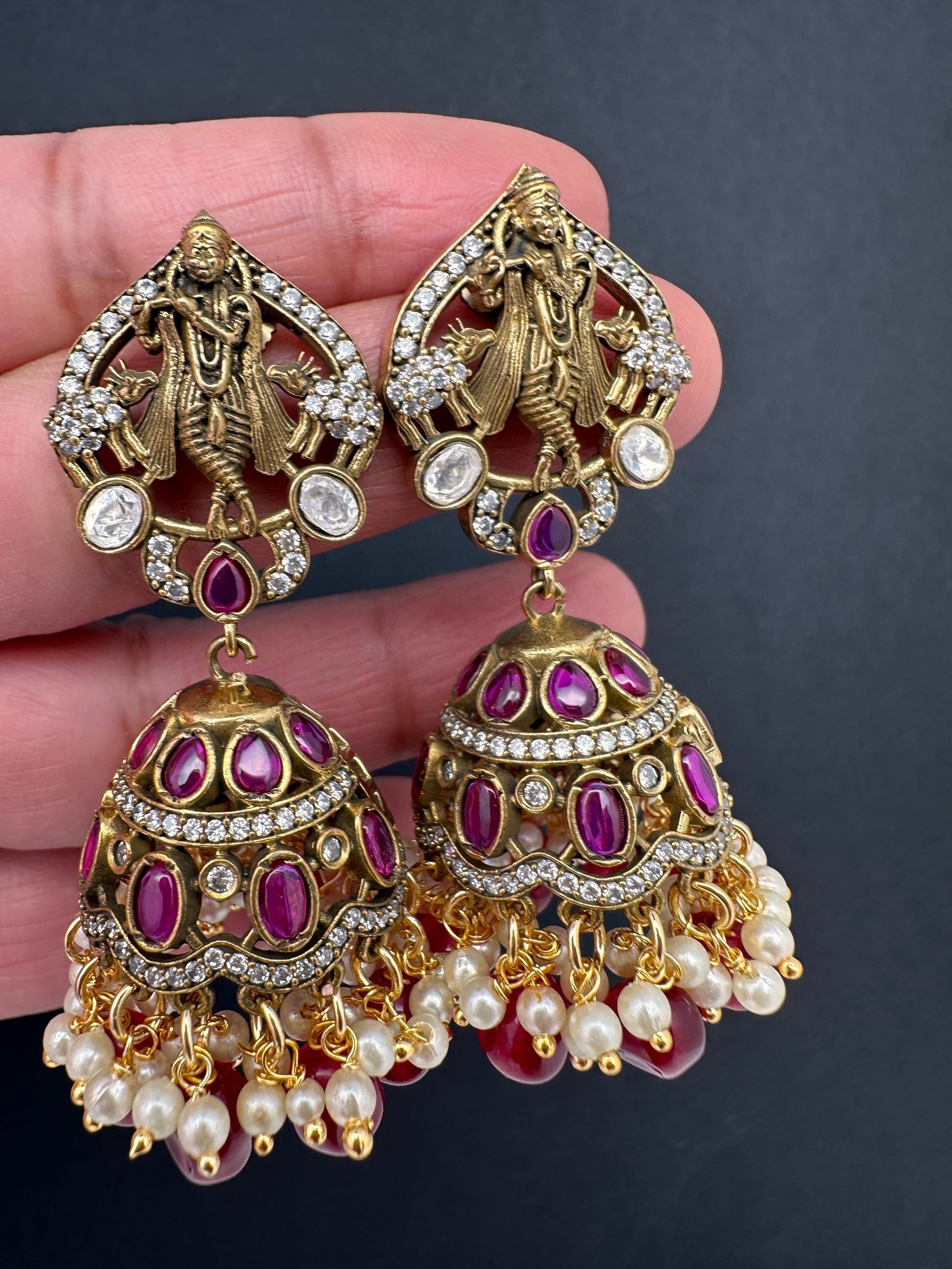 Krishna Jhumki Earrings - Red