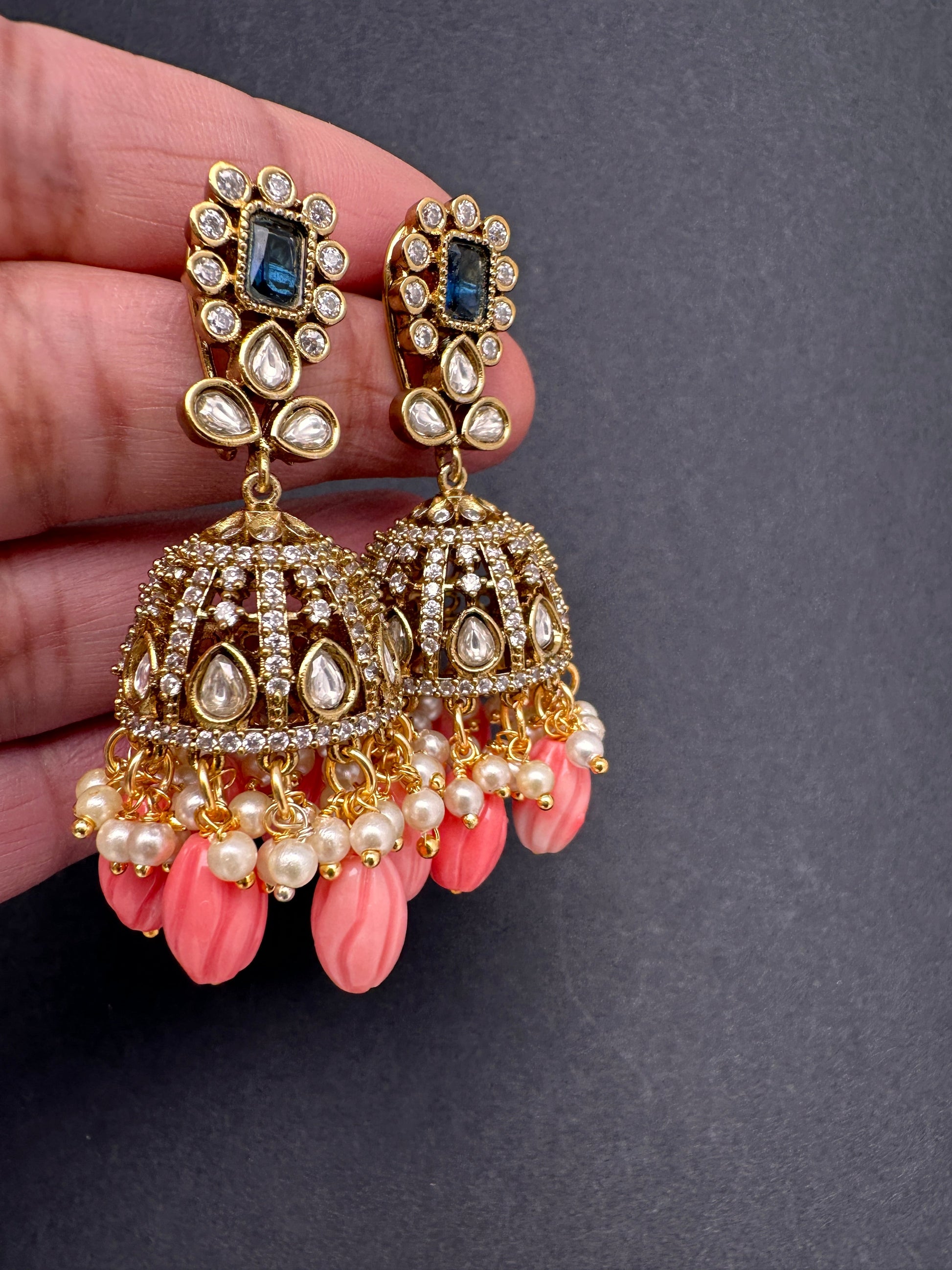 Moissanite AD Tulip Beads Jhumkas - Blue
