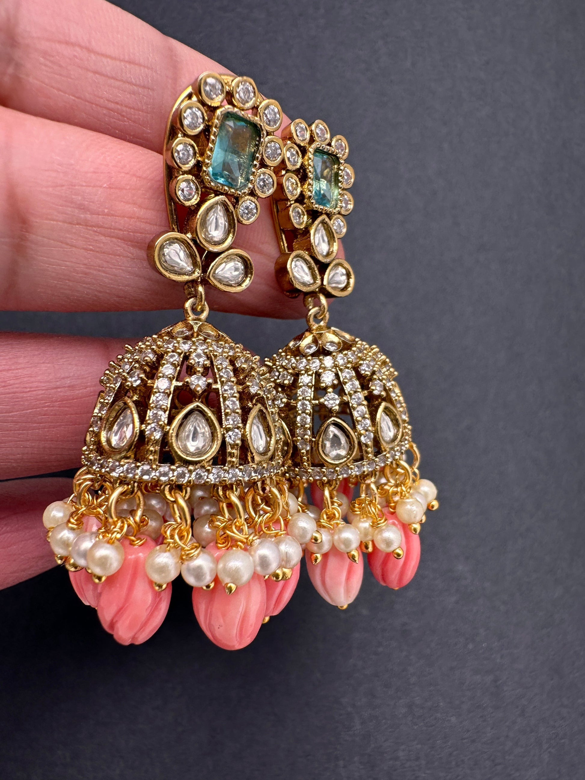 Moissanite AD Tulip Beads Jhumkas - Green