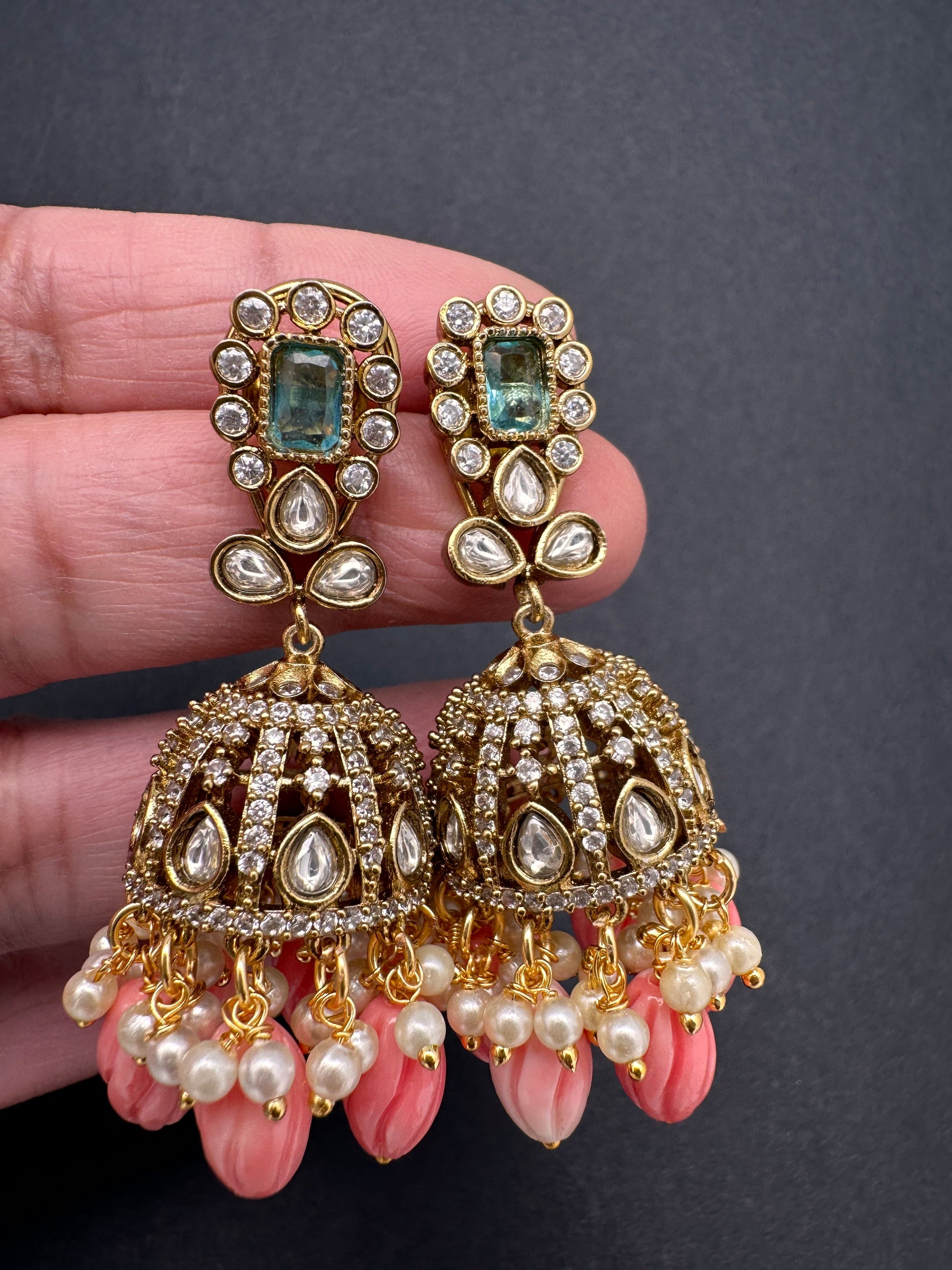 Moissanite AD Tulip Beads Jhumkas - Green