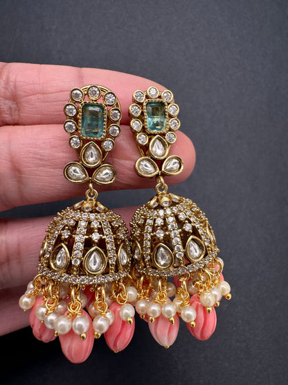 Moissanite AD Tulip Beads Jhumkas - Green