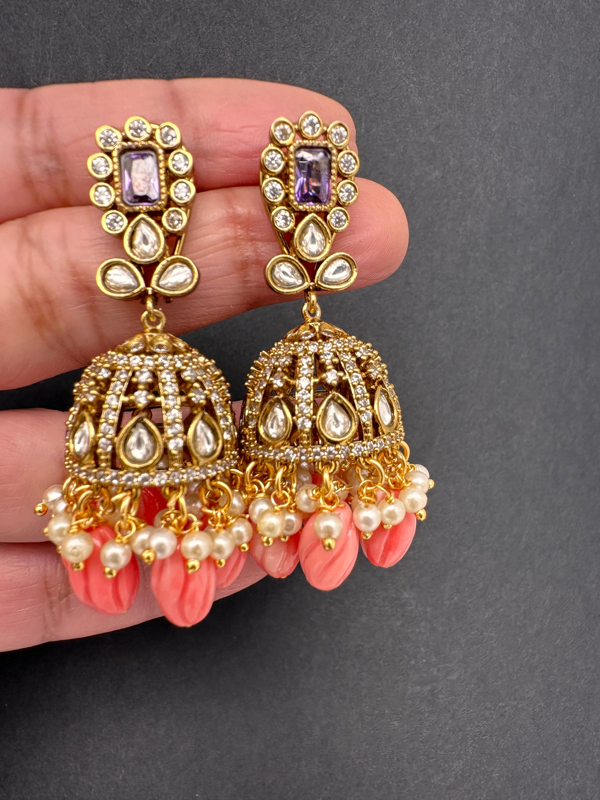 Moissanite AD Tulip Beads Jhumkas - Purple