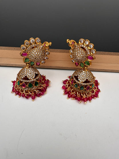 Moissanite AD Peacock Beads Jhumkas - Red