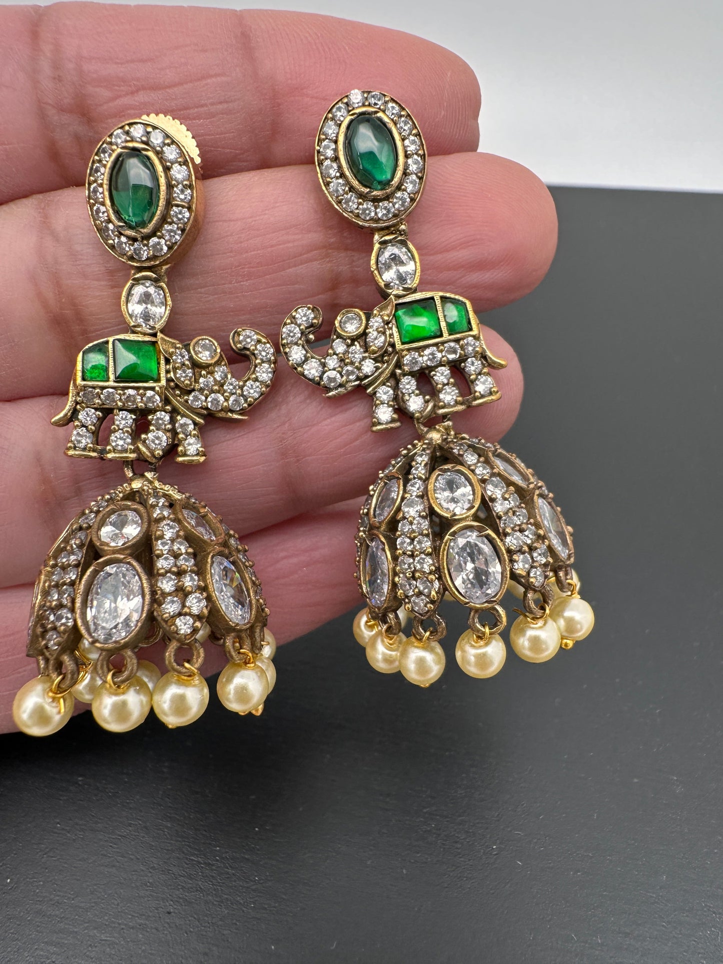 Moissanite AD Tulip Beads Jhumkas - Green