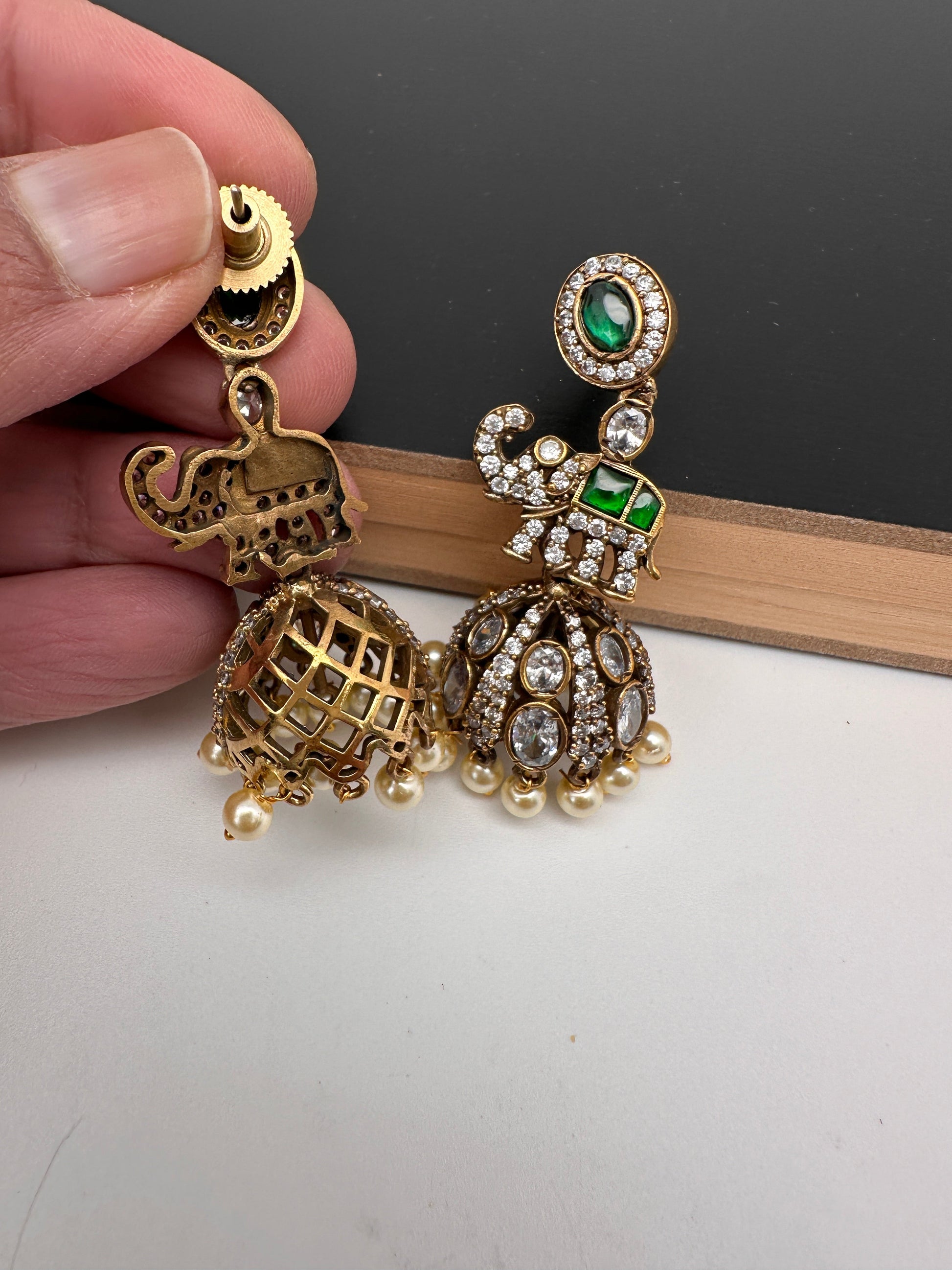Moissanite AD Tulip Beads Jhumkas - Green