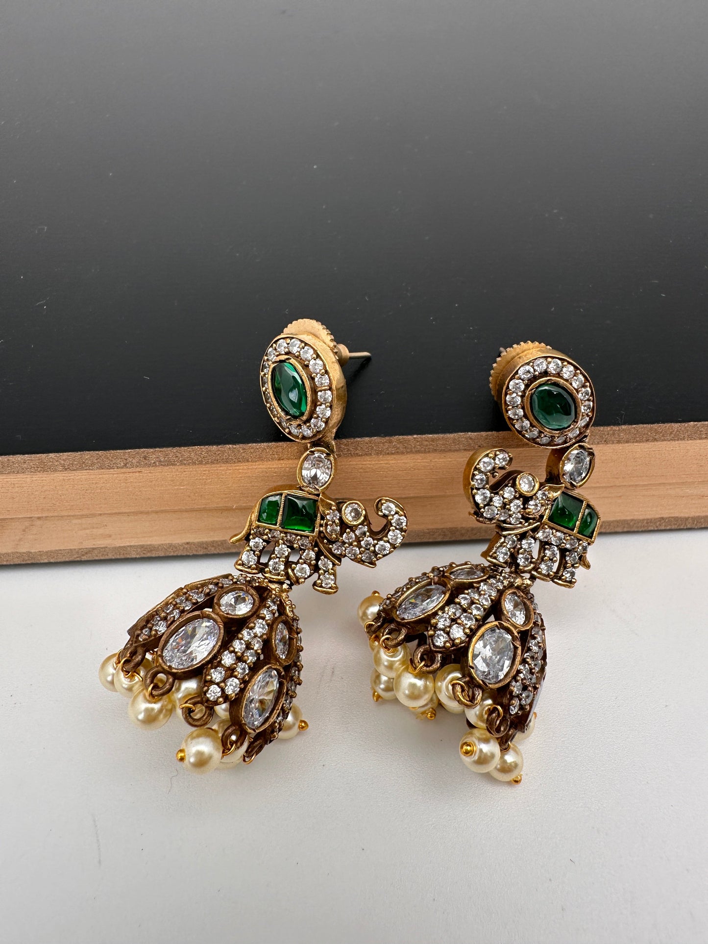 Moissanite AD Tulip Beads Jhumkas - Green