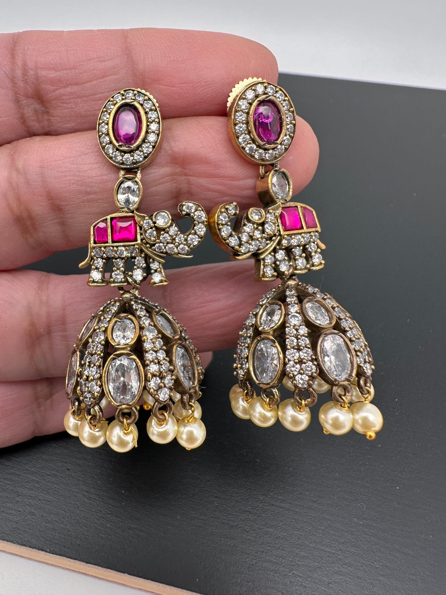 Moissanite AD Tulip Beads Jhumkas - Red