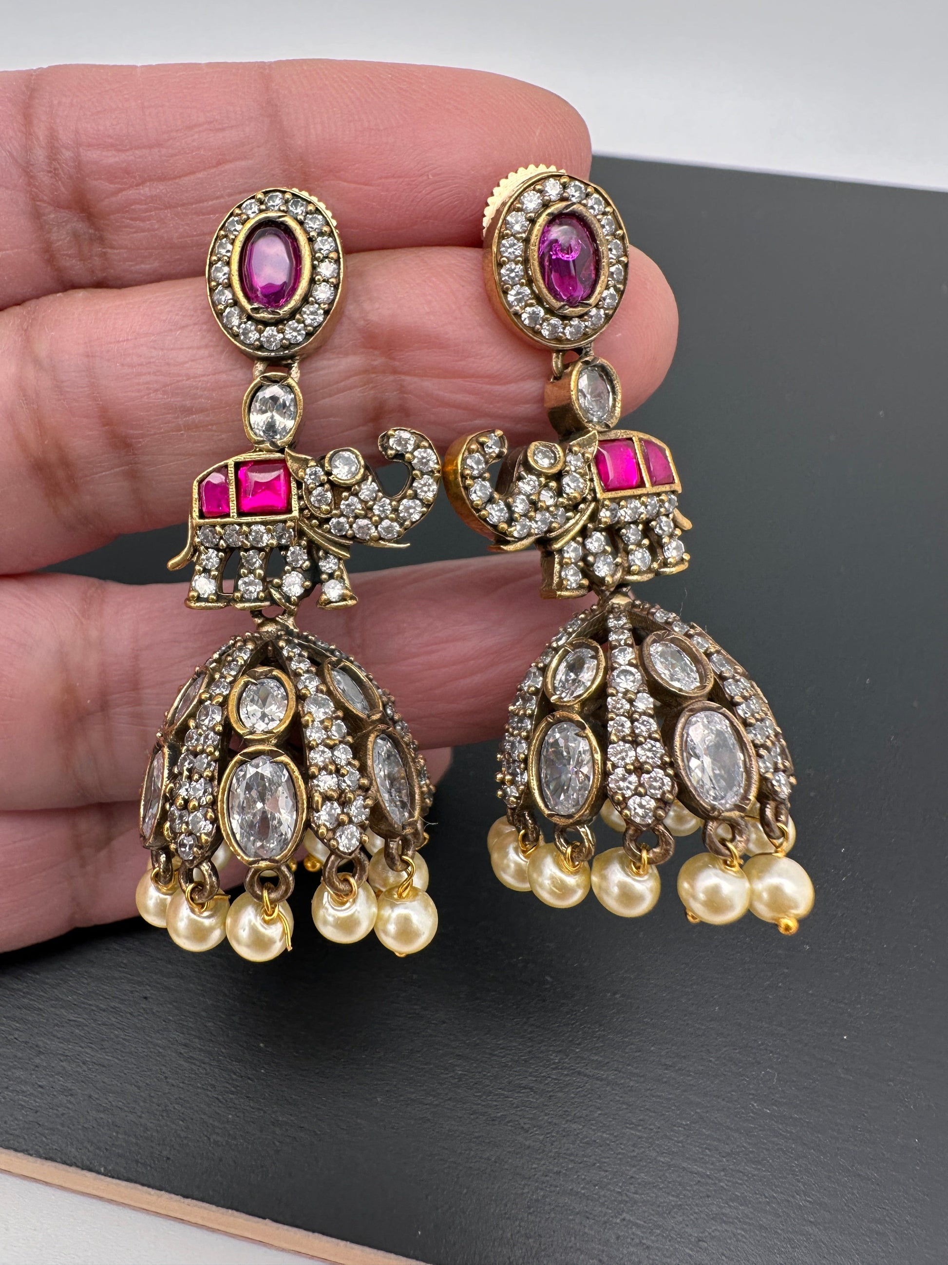 Moissanite AD Tulip Beads Jhumkas - Red