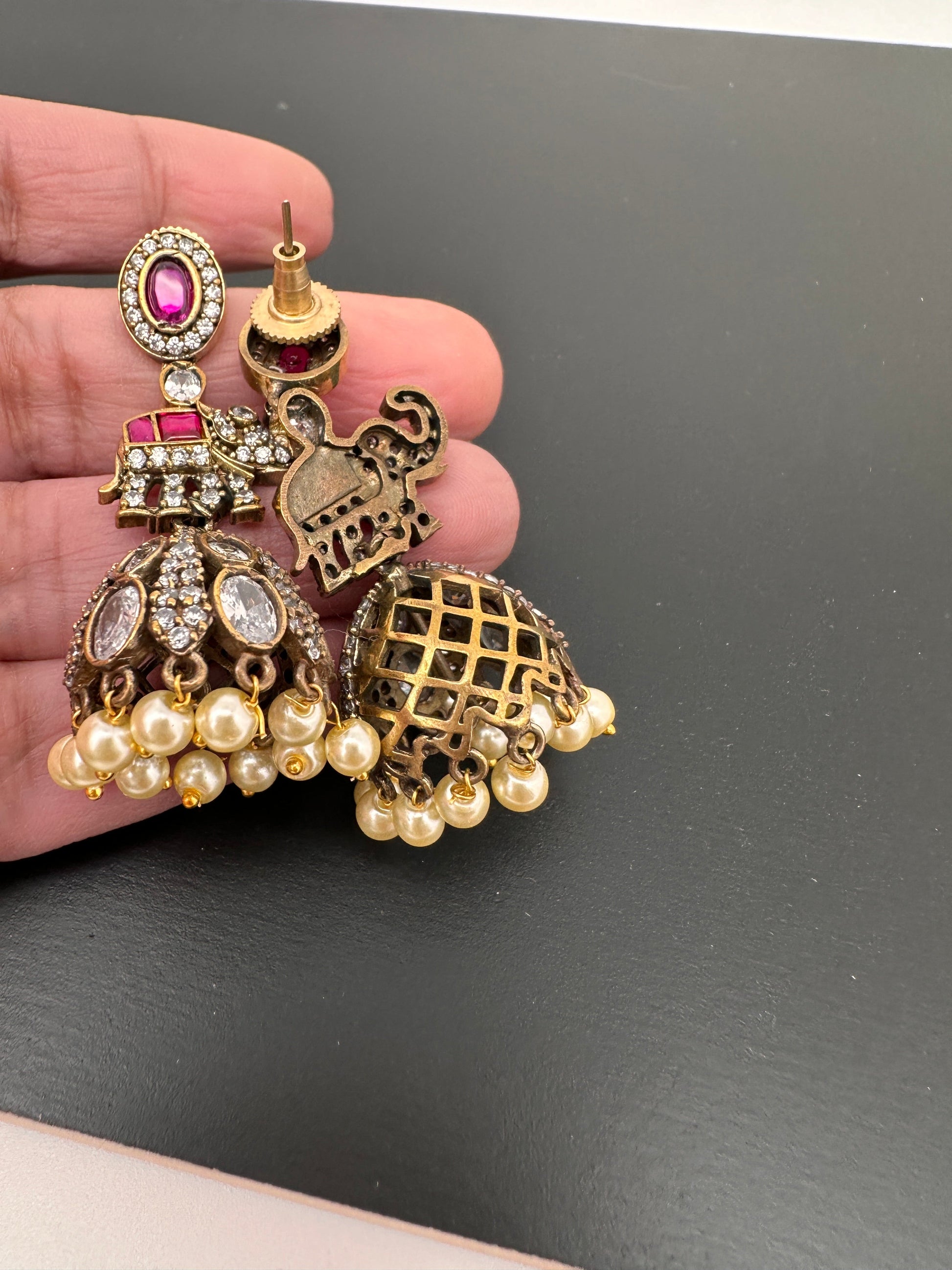 Moissanite AD Tulip Beads Jhumkas - Red
