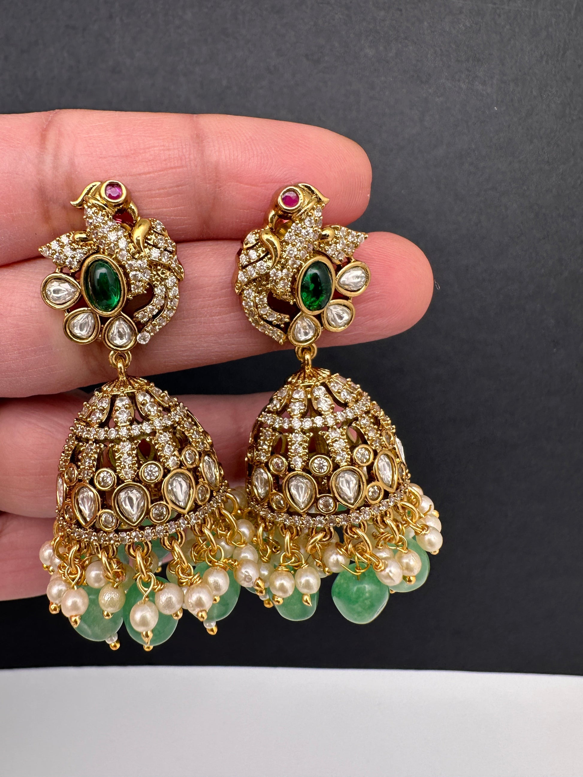 Moissanite AD Peacock Beads Jhumkas - Green