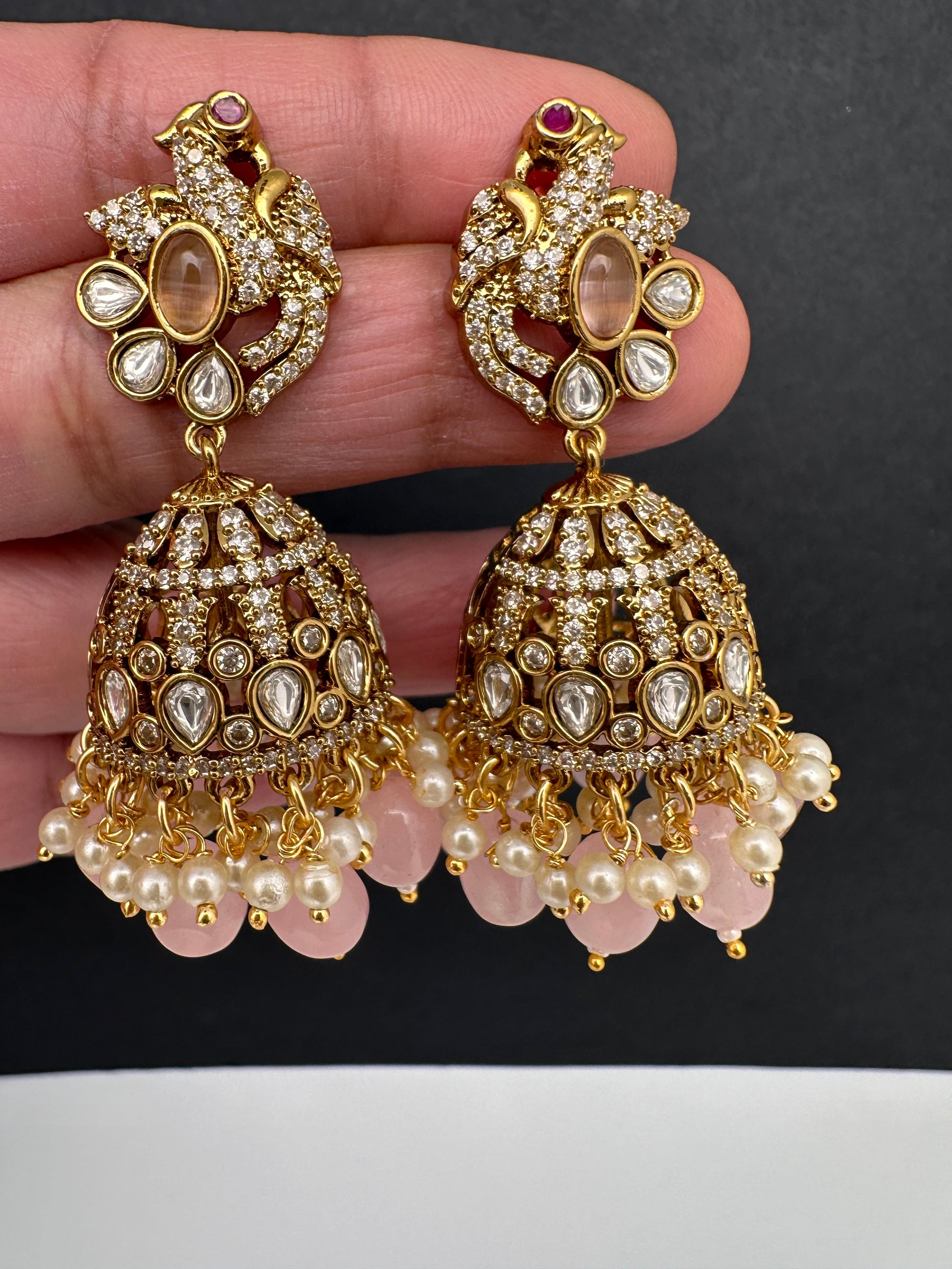 Moissanite AD Peacock Beads Jhumkas - Pink