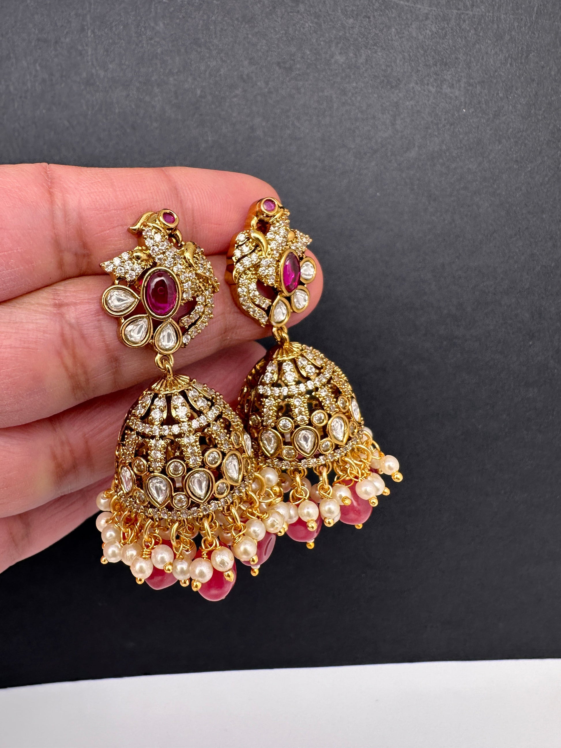 Moissanite AD Peacock Beads Jhumkas - Red