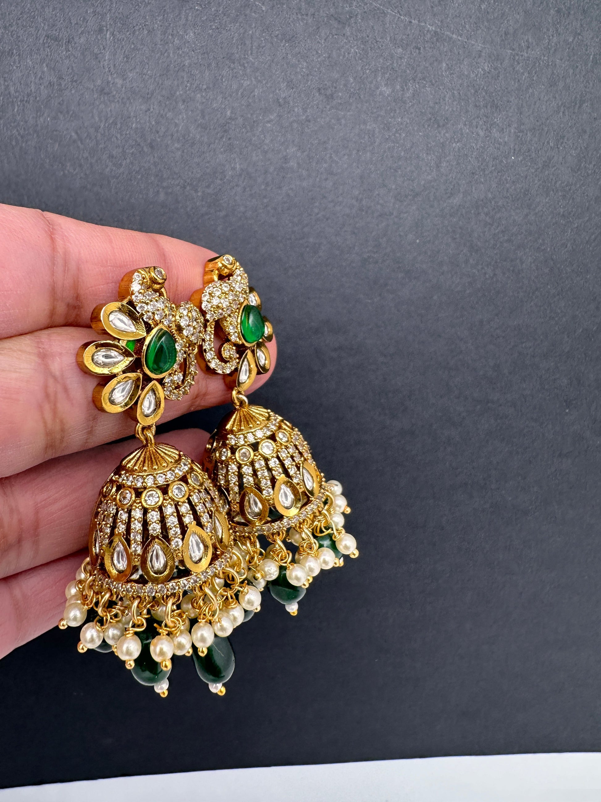 Kundan Moissanite AD Peacock Beads Jhumkas - Green