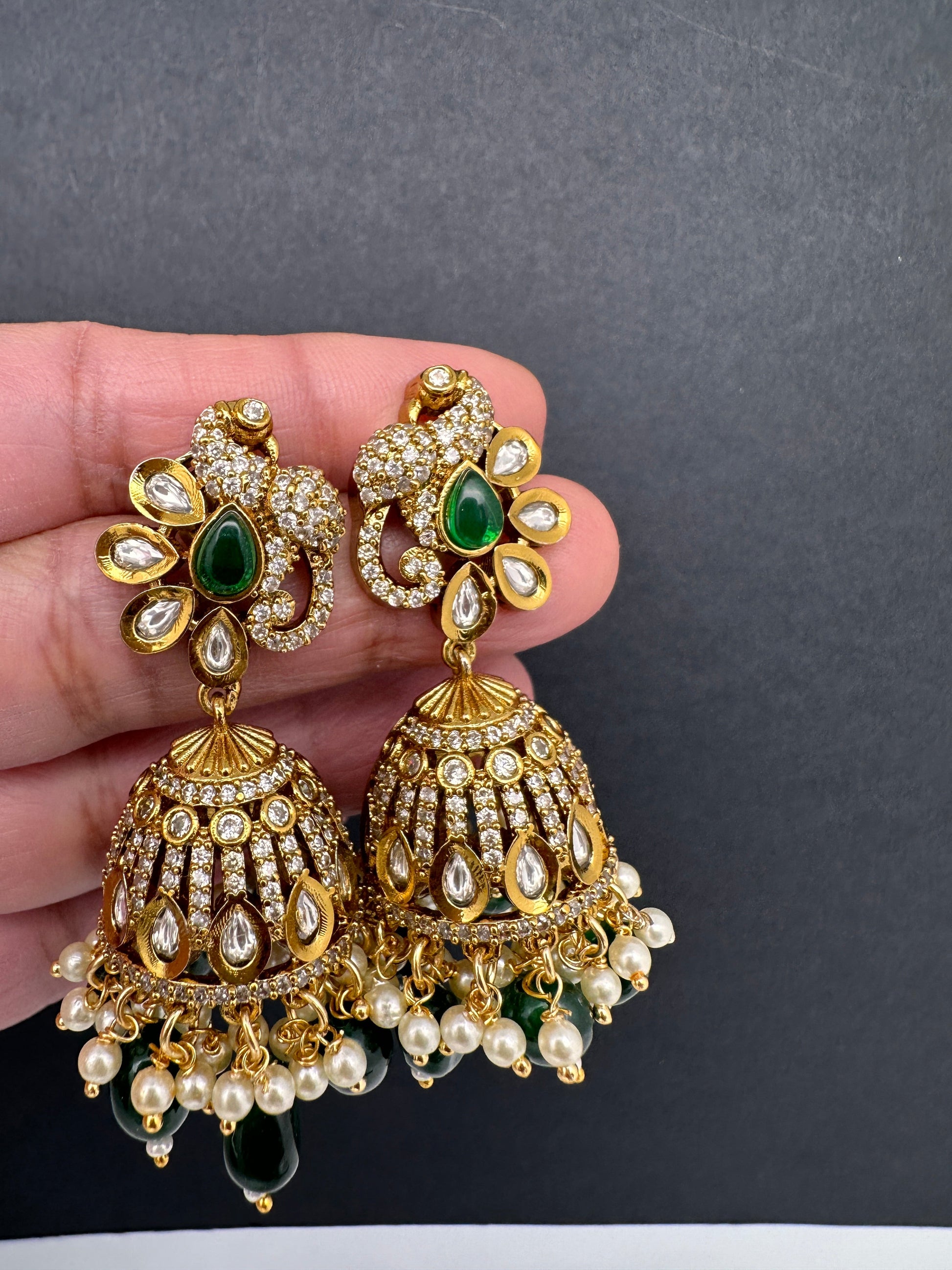 Kundan Moissanite AD Peacock Beads Jhumkas - Green