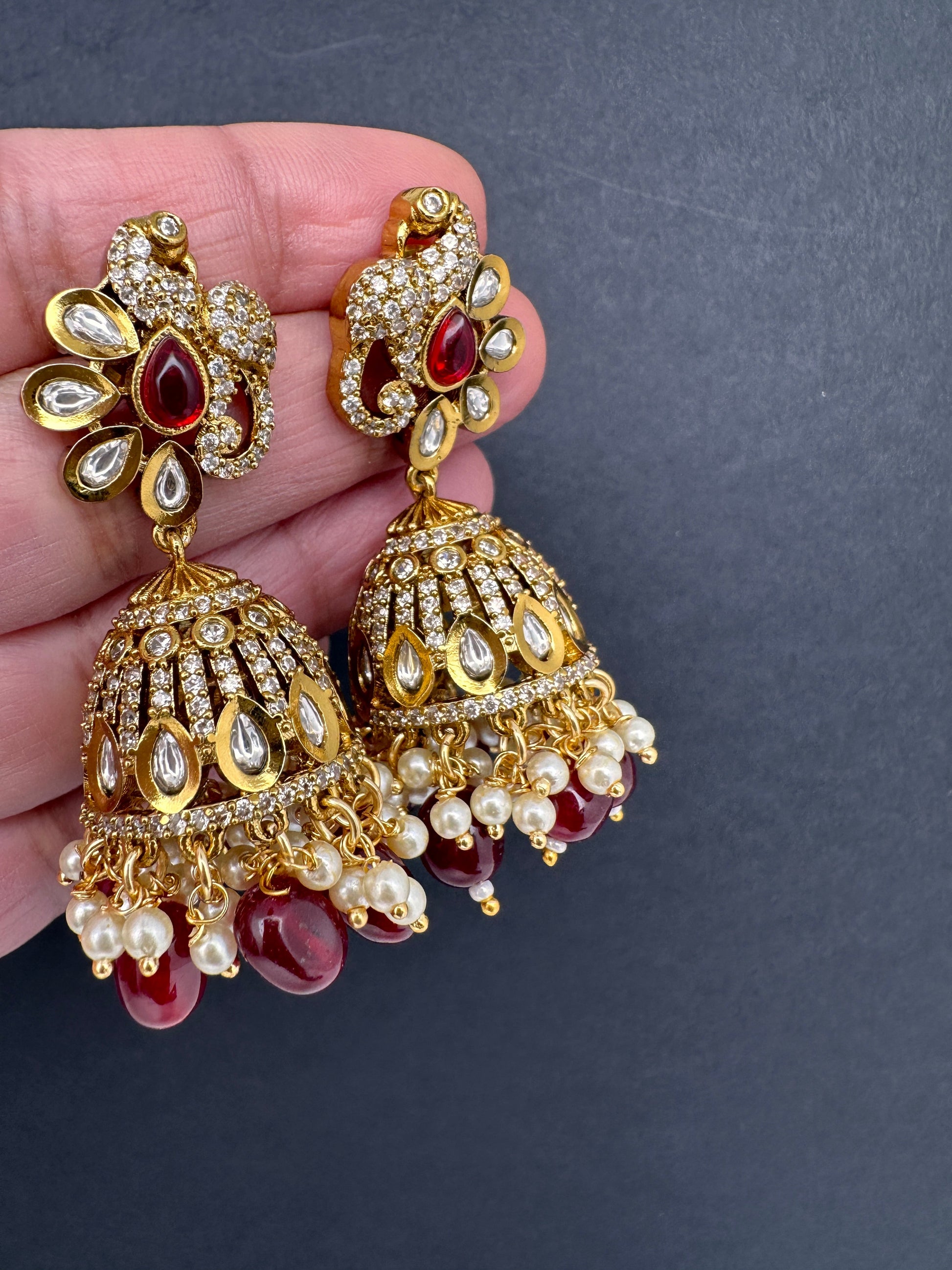 Kundan Moissanite AD Peacock Beads Jhumkas - Red