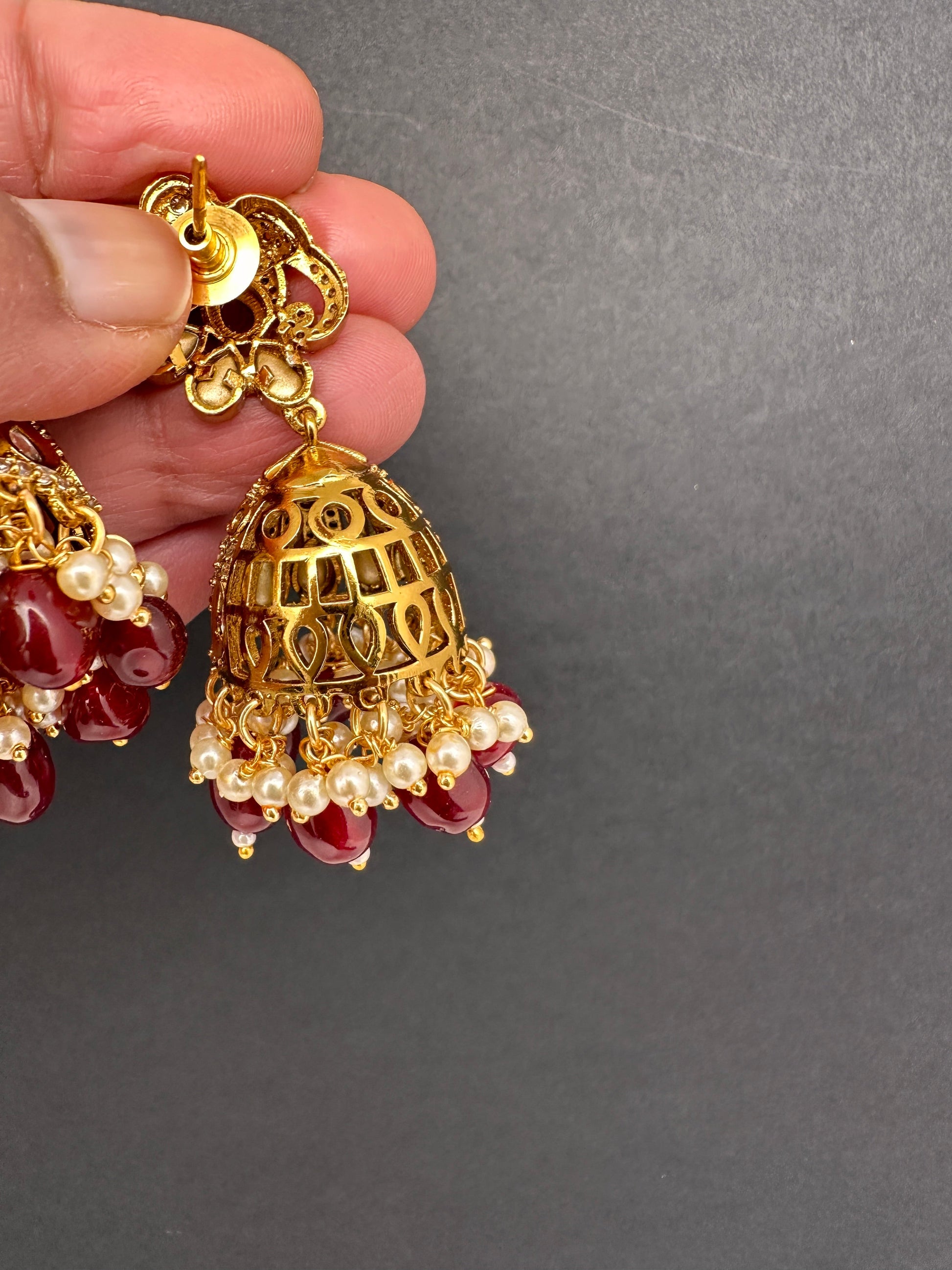 Kundan Moissanite AD Peacock Beads Jhumkas - Red