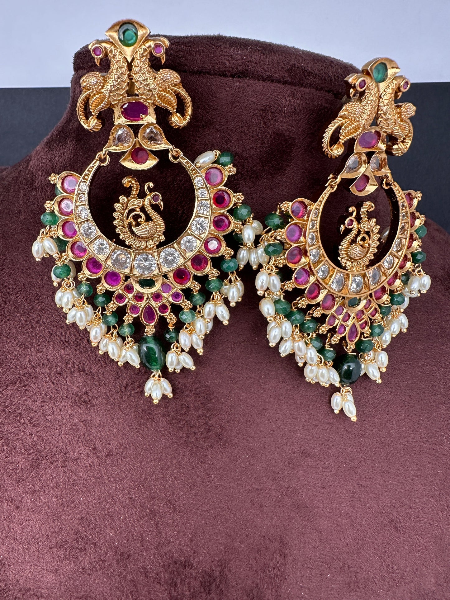 Peacock Nakshi Red Stone Green Beads Matte Finish Chandbali