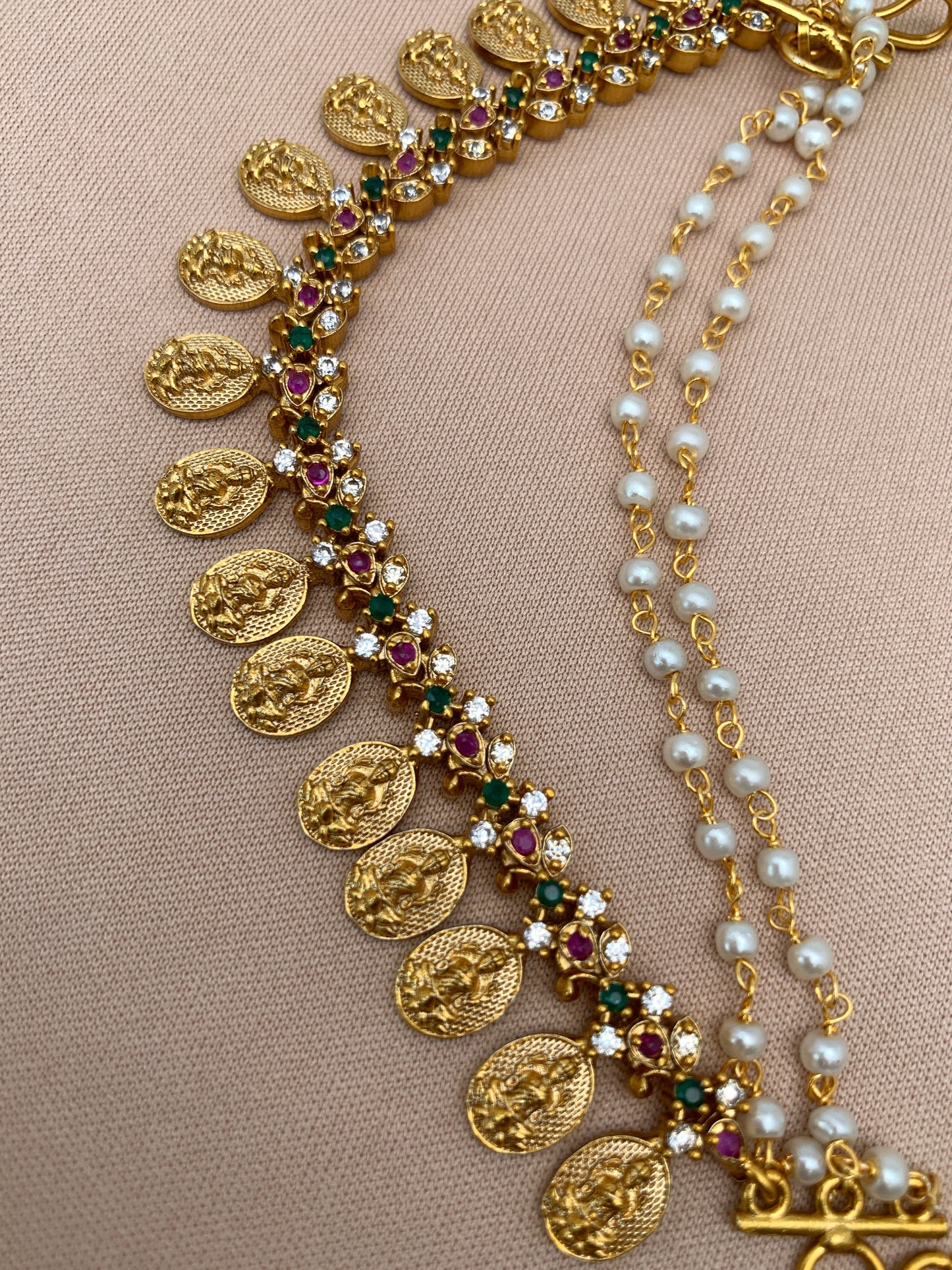 Matte finish Goddess Lakshmi Earchain with multi stone and CZ