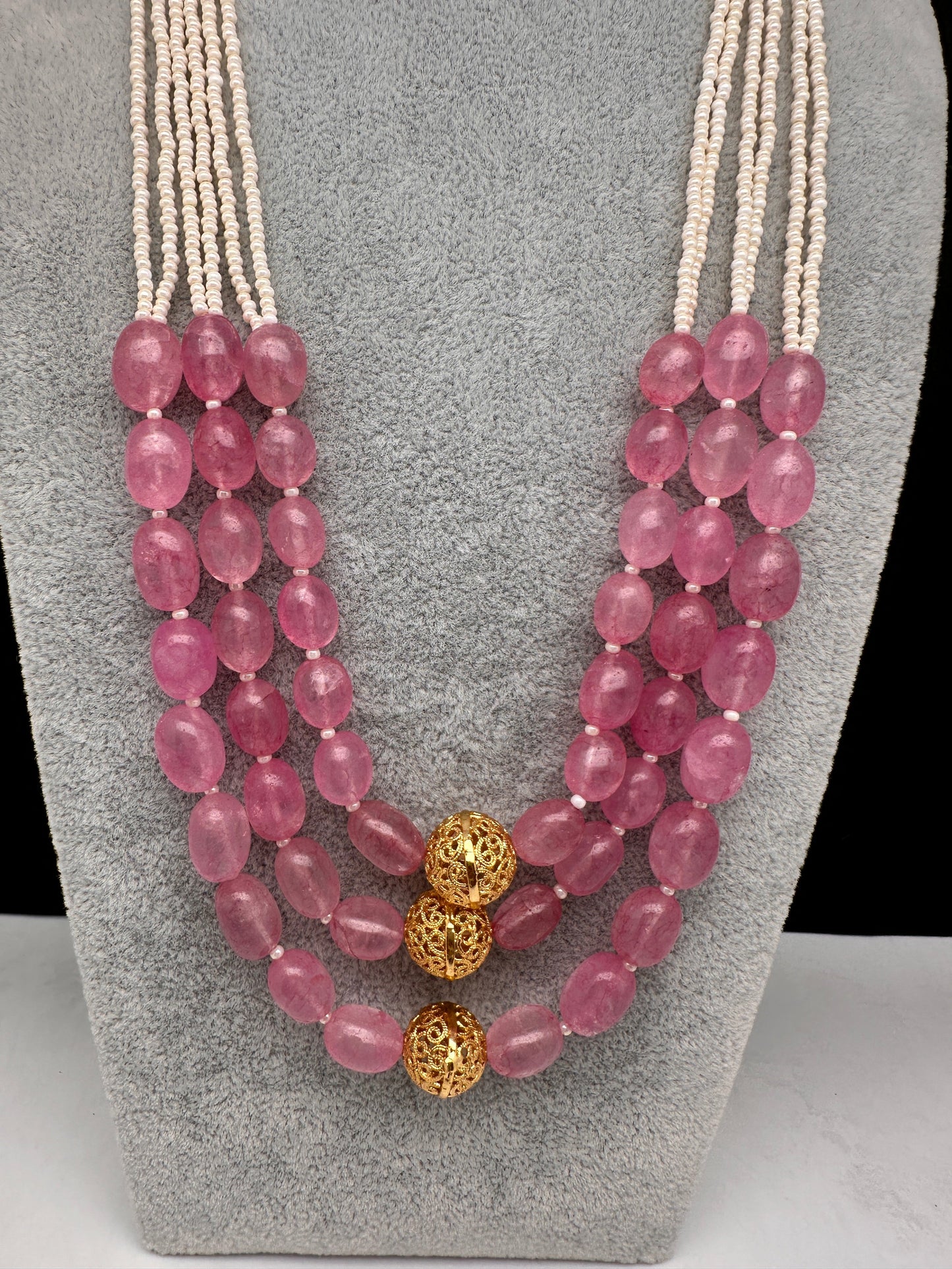 Real Rose Quartz Multi Layer Mala Necklace