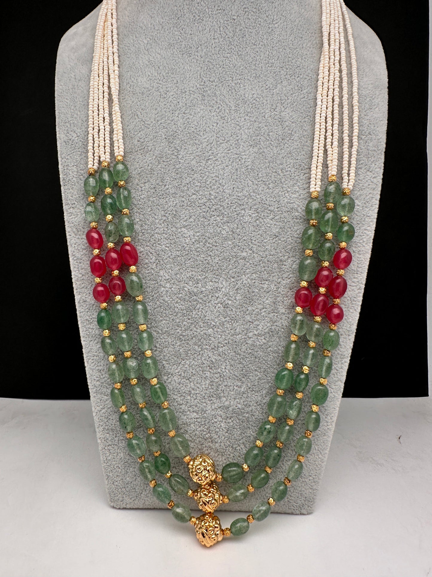 Emerald Ruby Pearls Nakshi Multi Layer Necklace