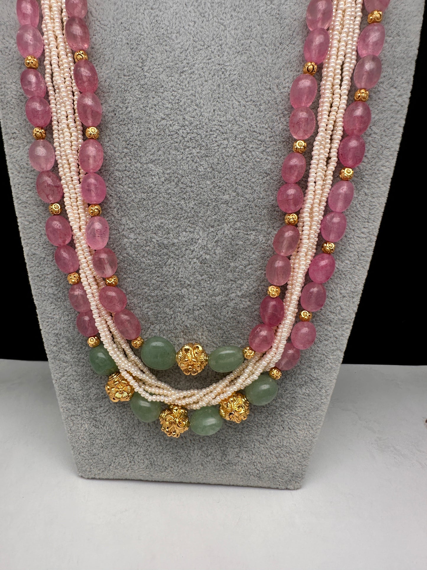 Rose Quartz Emerald Pearls Nakshi Multi Layer Necklace