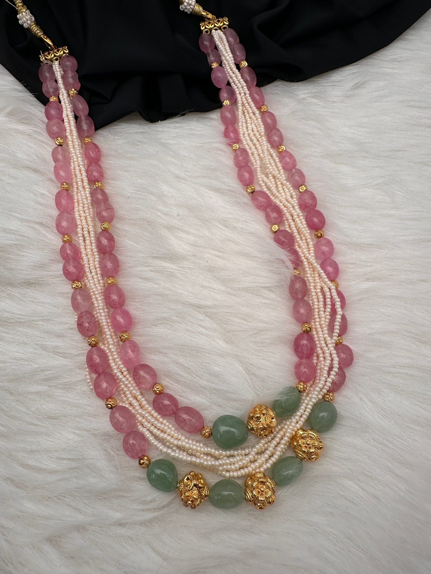 Rose Quartz Emerald Pearls Nakshi Multi Layer Necklace