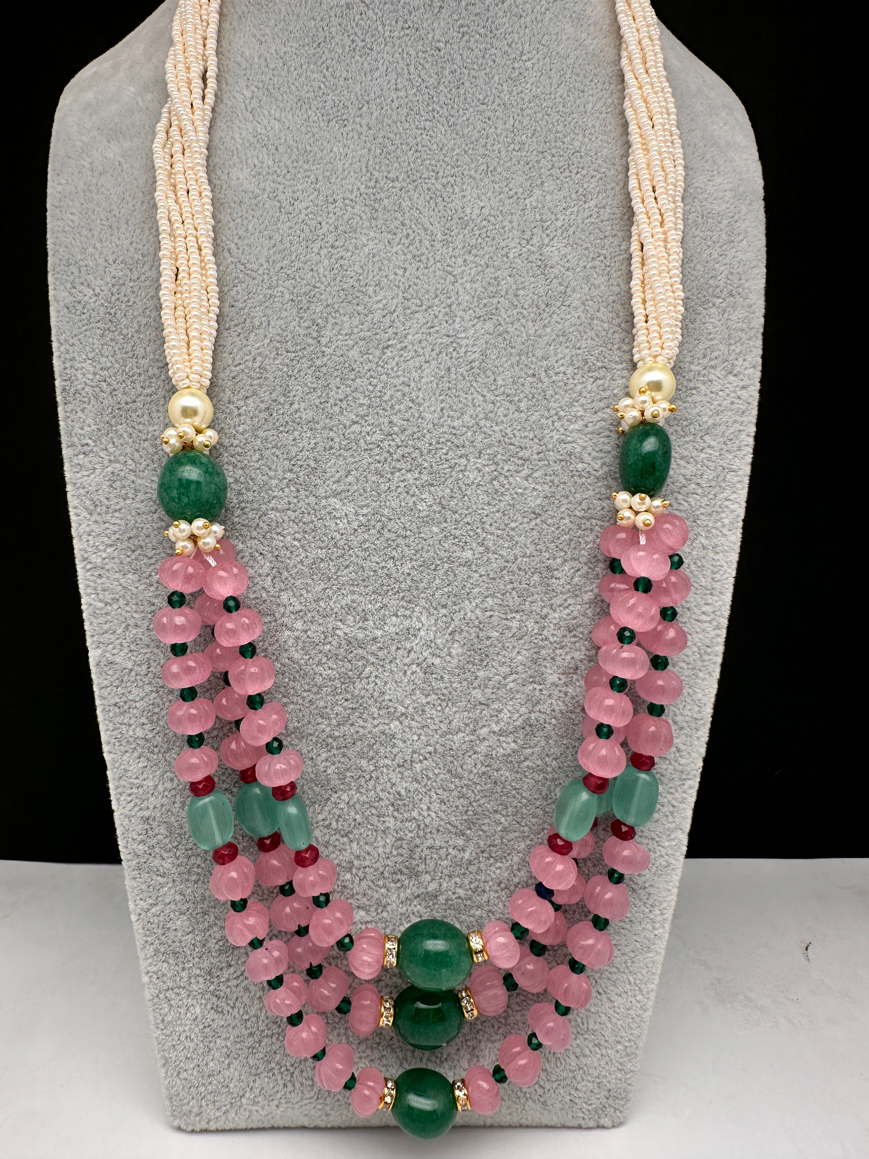 Pink Beads Blue Crystal Beads Kundan Necklace Set - Fashionvalley