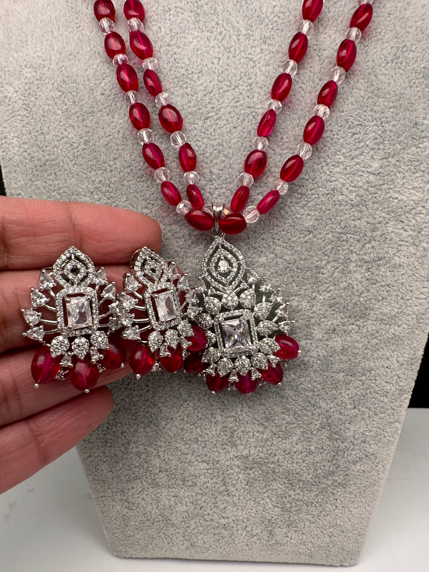 AD Silver Finish Pendent Pink Monalisa Beads Necklace