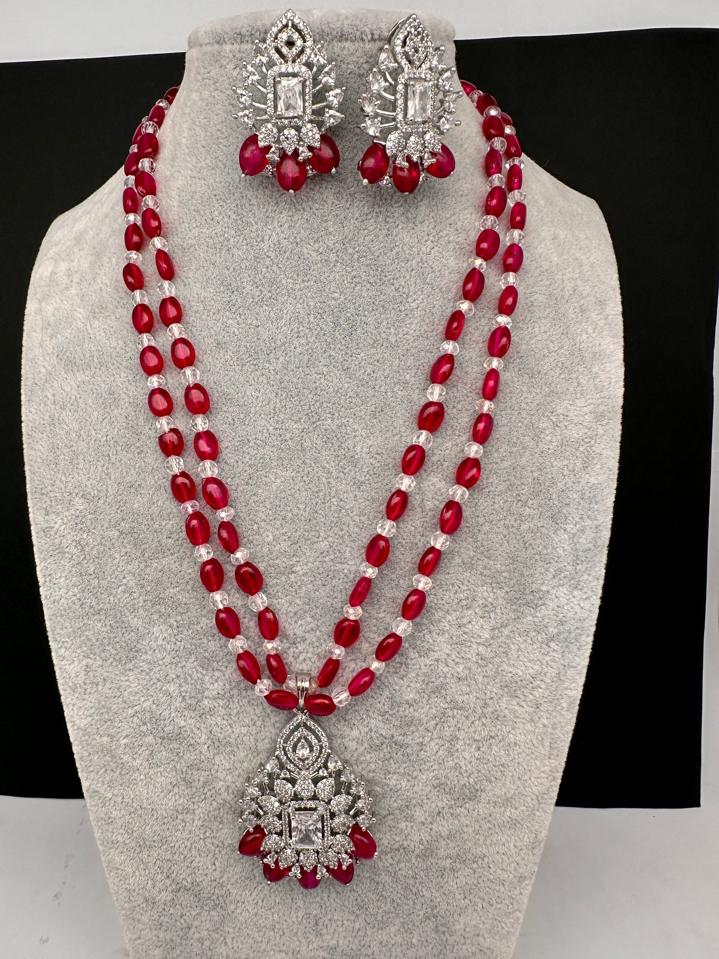 AD Silver Finish Pendent Pink Monalisa Beads Necklace
