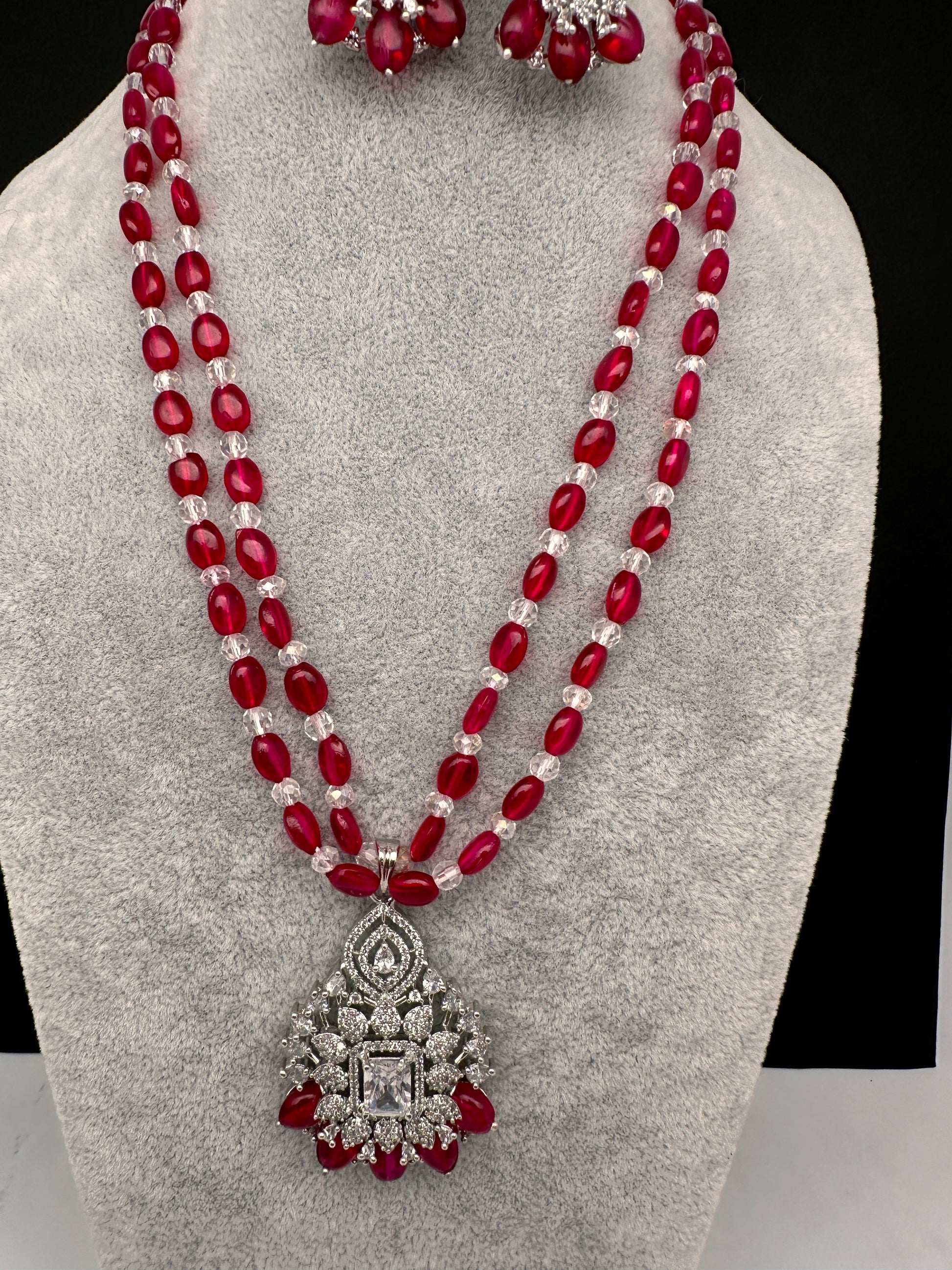 AD Silver Finish Pendent Pink Monalisa Beads Necklace