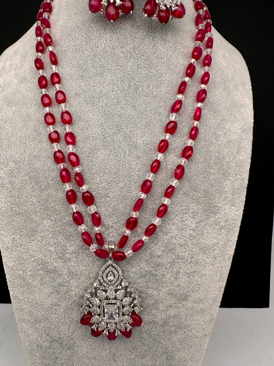 AD Silver Finish Pendent Pink Monalisa Beads Necklace