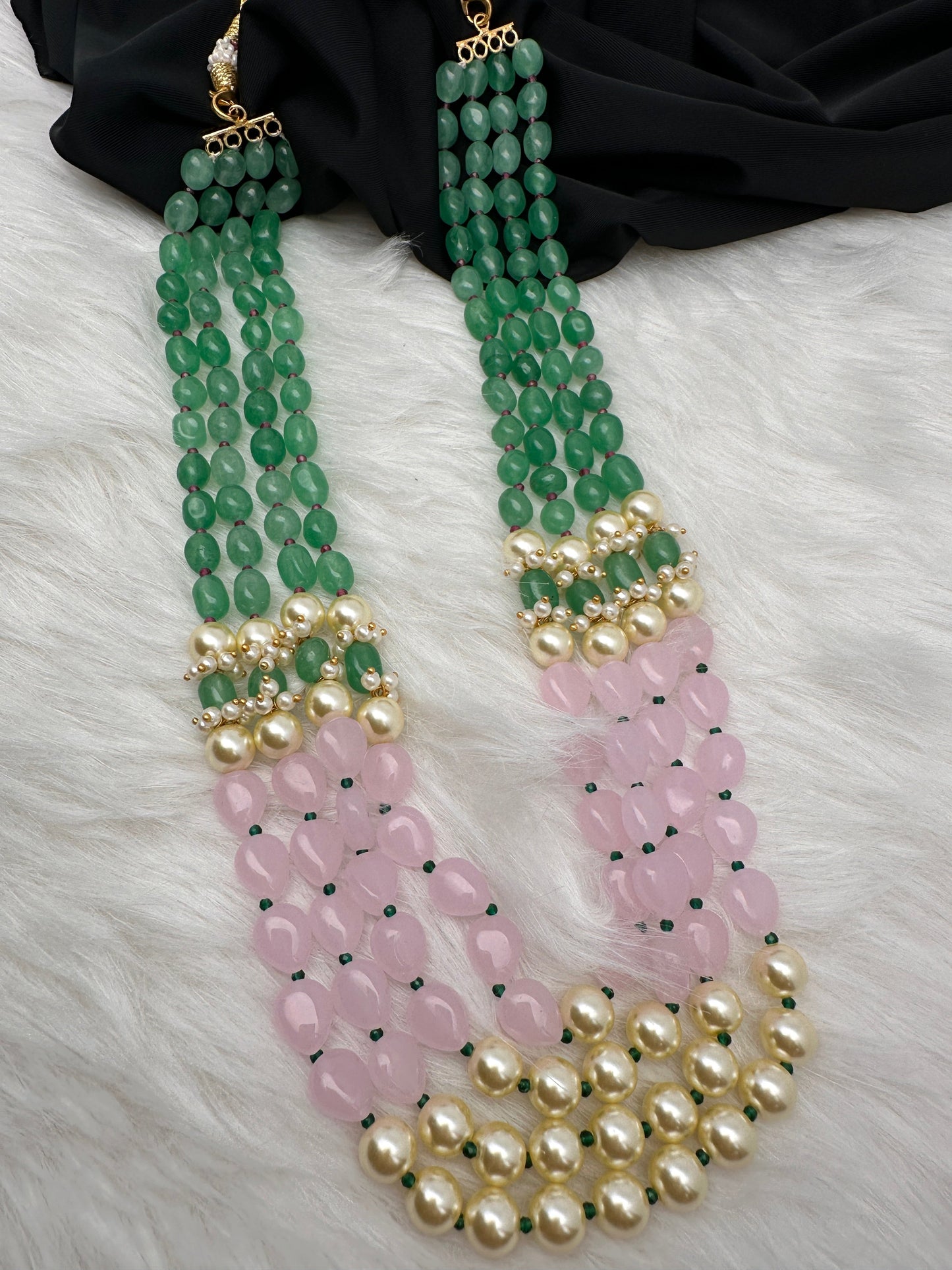 Emerald Pink Beads Pearls Multi Layer Necklace