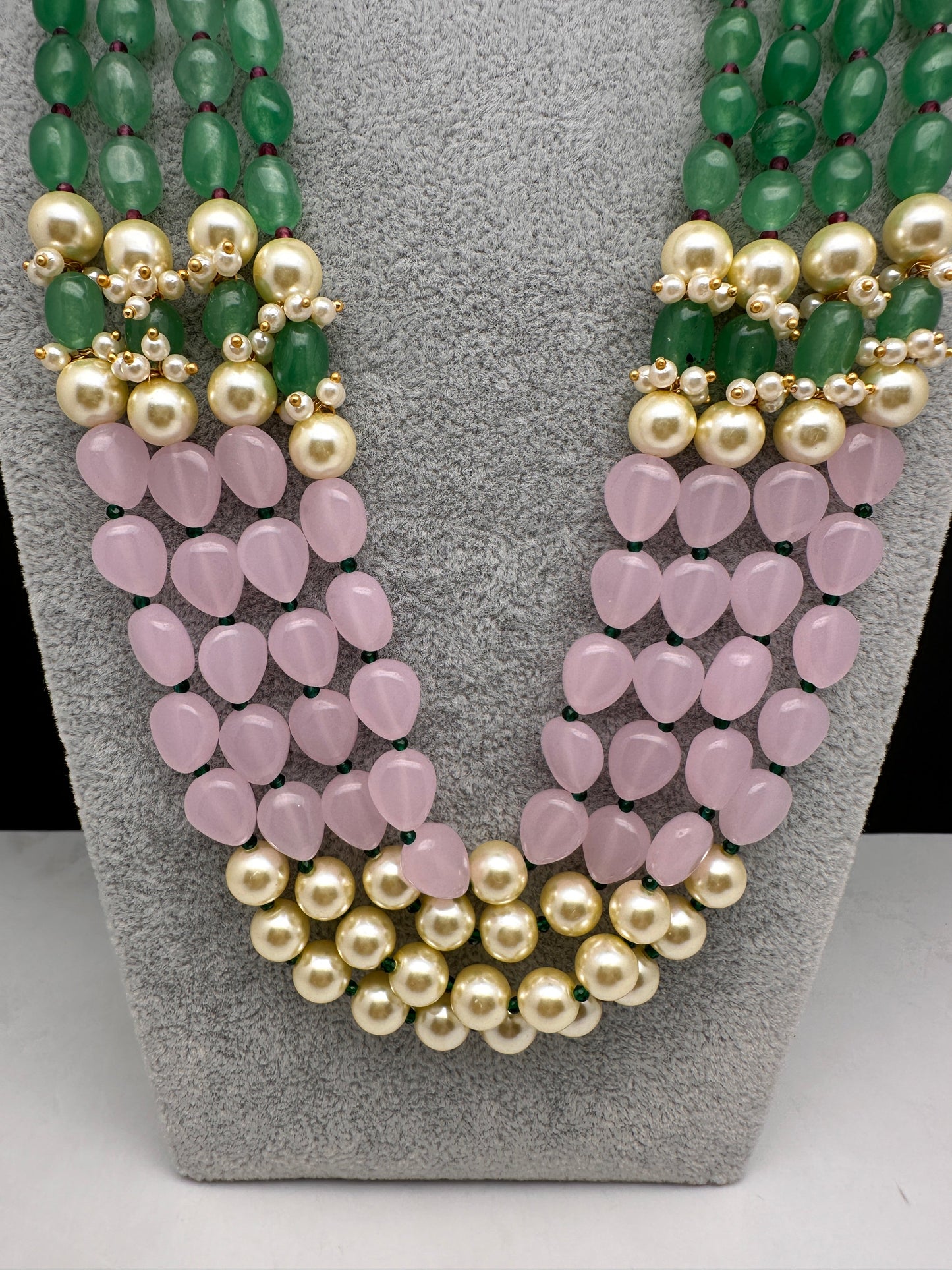 Emerald Pink Beads Pearls Multi Layer Necklace