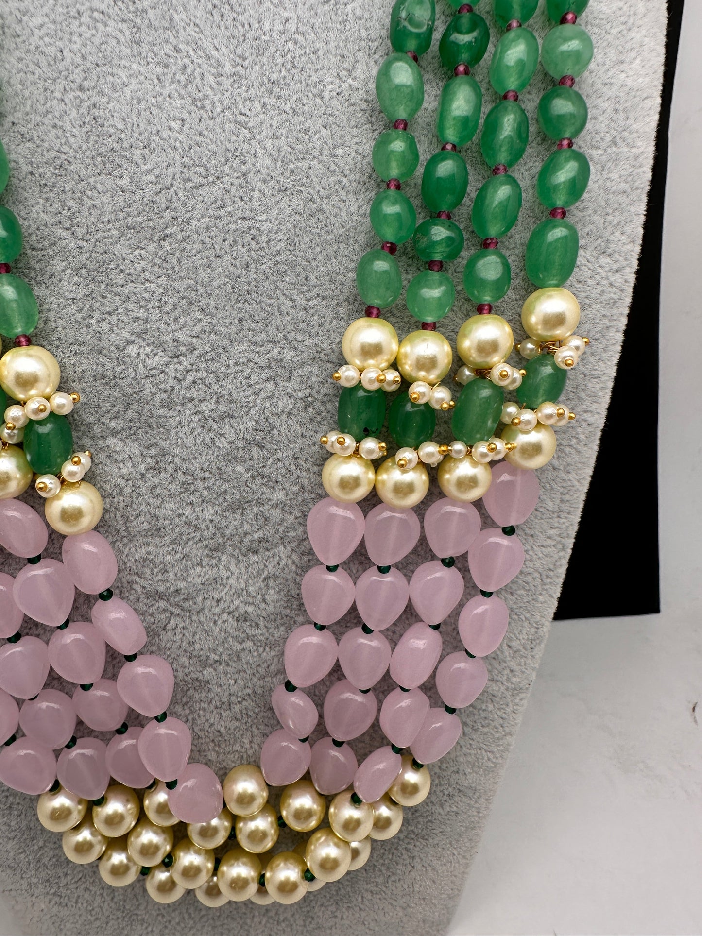 Emerald Pink Beads Pearls Multi Layer Necklace