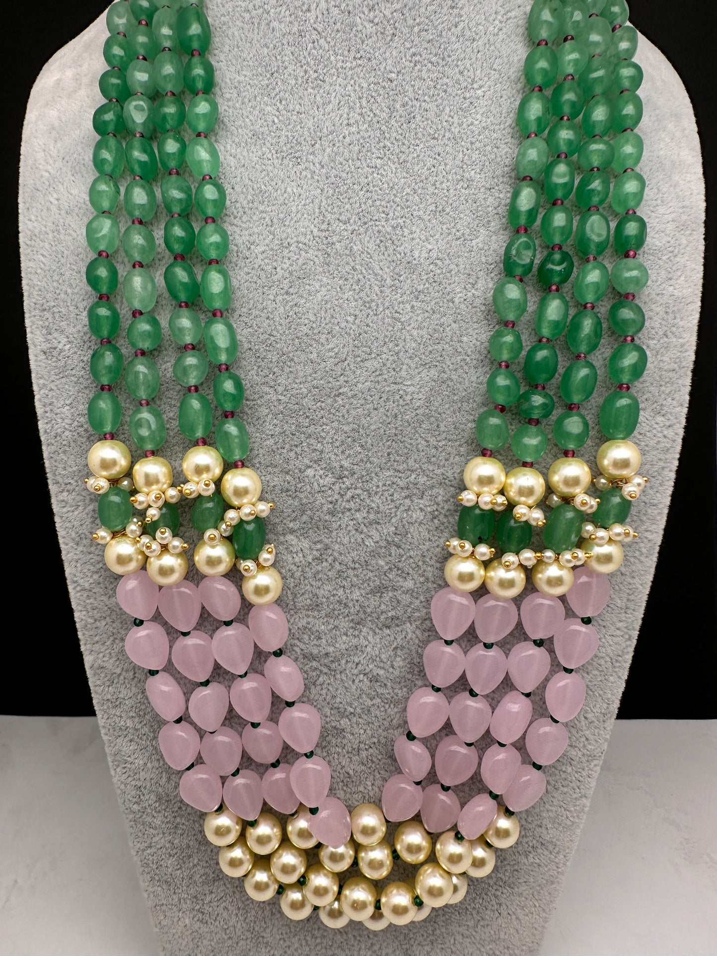 Emerald Pink Beads Pearls Multi Layer Necklace