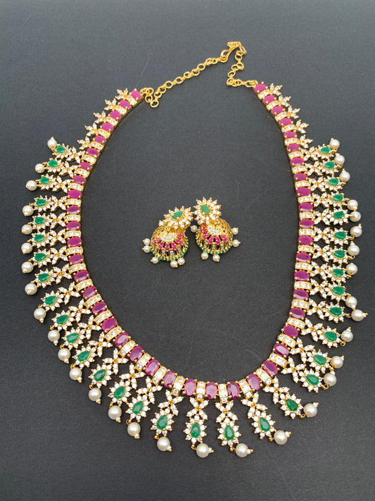 AD Red Green Stone Golden Finish Long Necklace