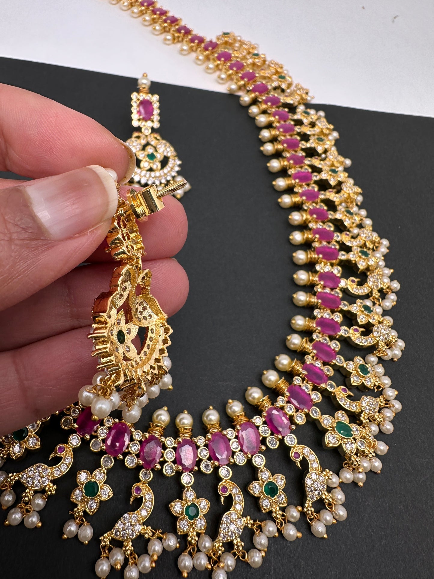 AD Ruby Red Stone Peacock Design Golden Finish Long Necklace