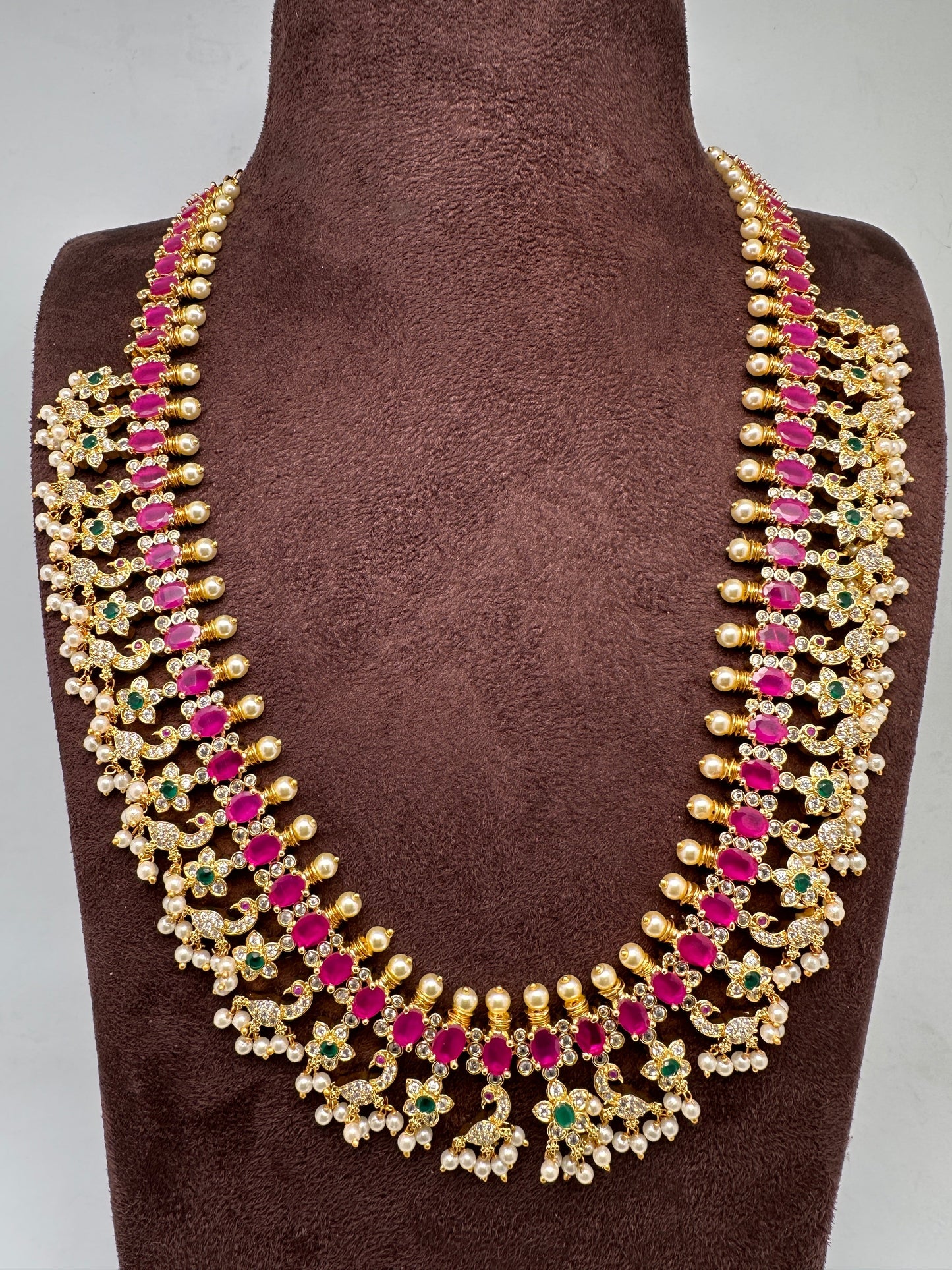AD Ruby Red Stone Peacock Design Golden Finish Long Necklace