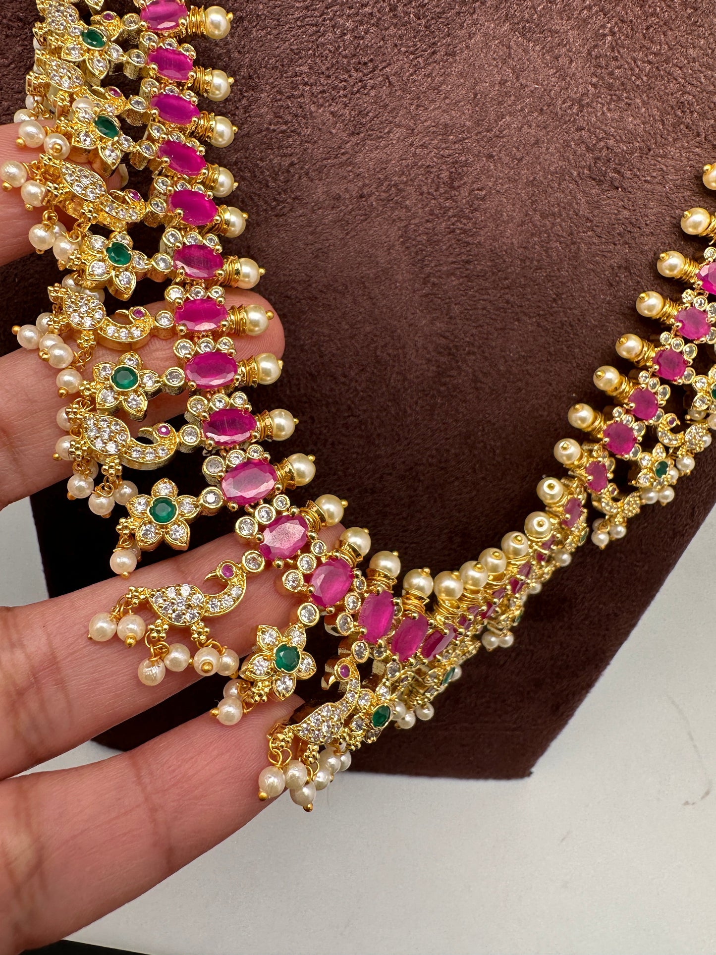 AD Ruby Red Stone Peacock Design Golden Finish Long Necklace