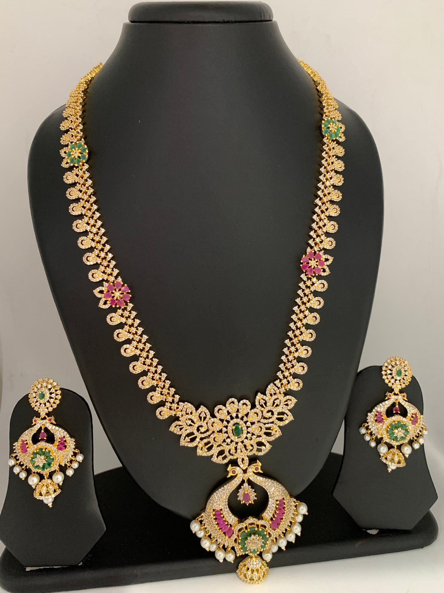 AD Red Green Stone Peacock Chandbali Design Golden Finish Long Necklace