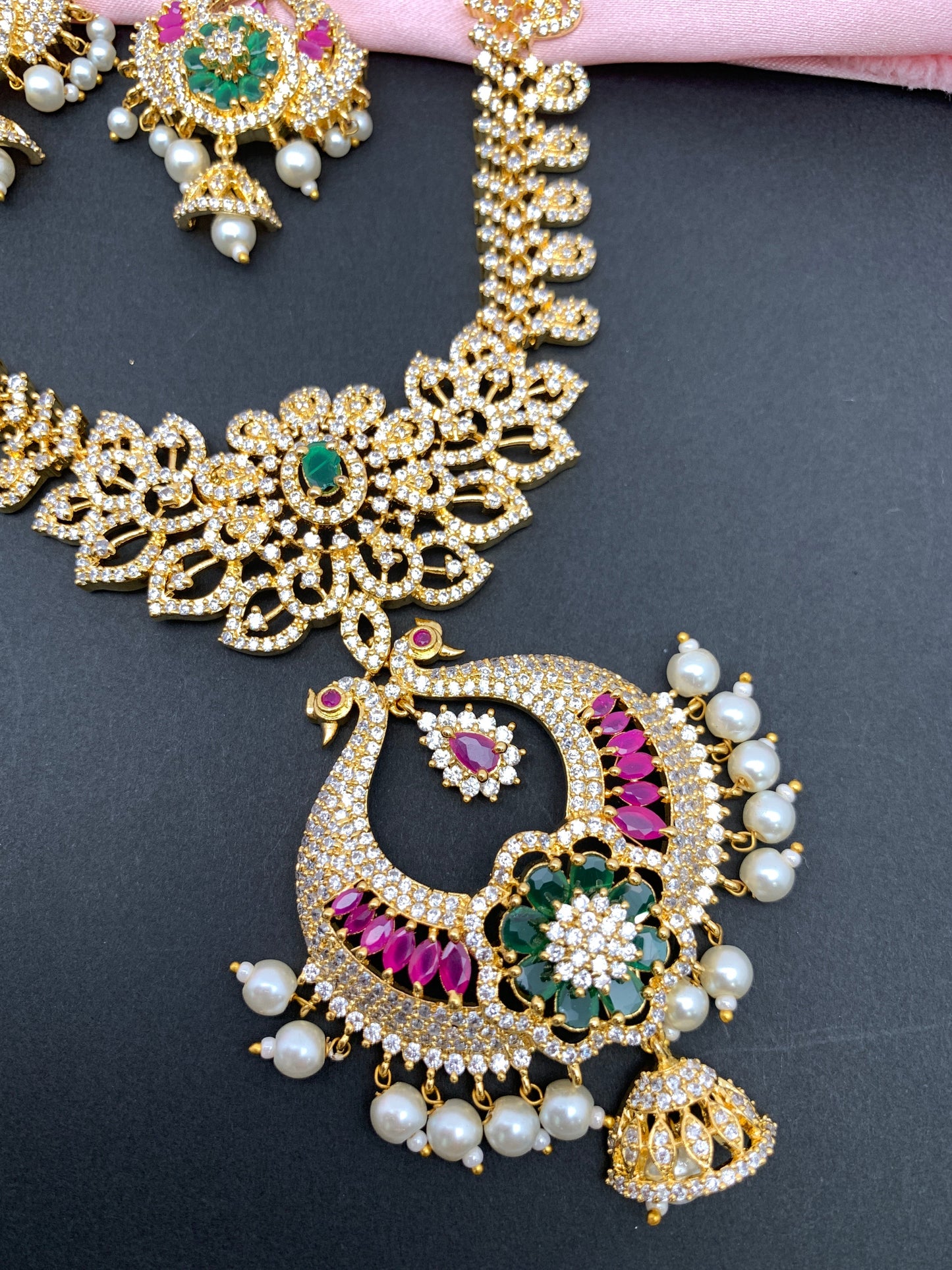 AD Red Green Stone Peacock Chandbali Design Golden Finish Long Necklace