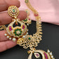 AD Red Green Stone Peacock Chandbali Design Golden Finish Long Necklace