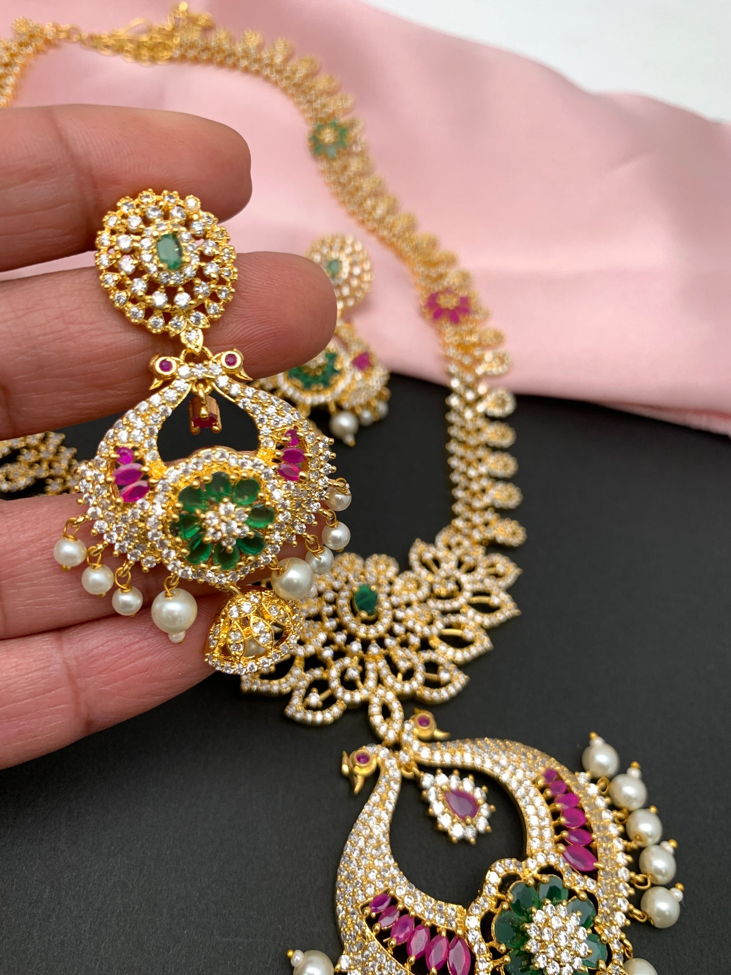 AD Red Green Stone Peacock Chandbali Design Golden Finish Long Necklace