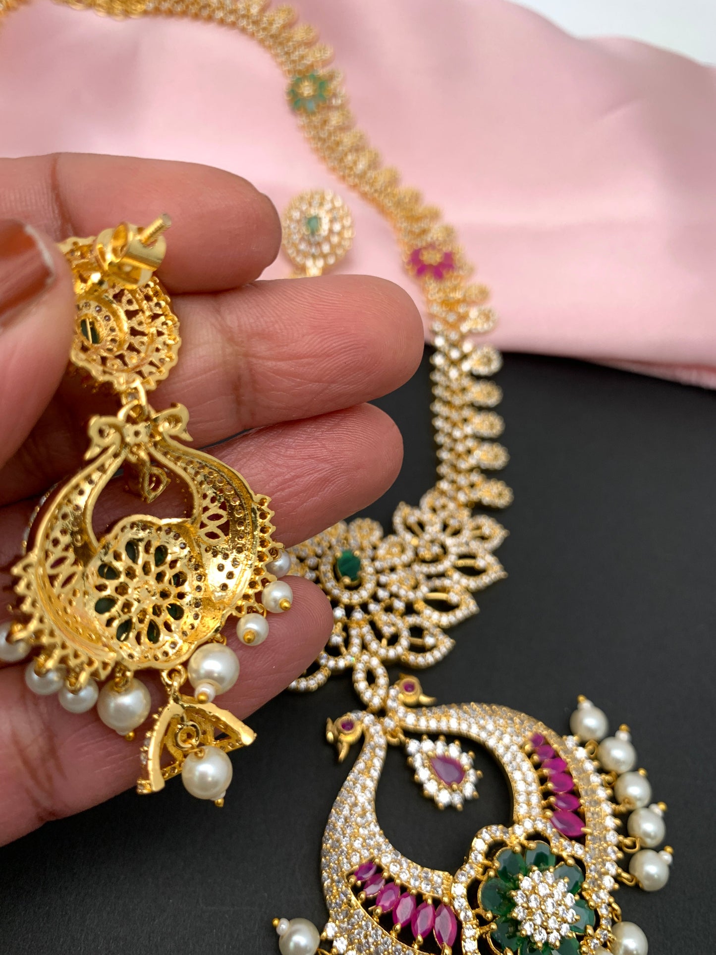 AD Red Green Stone Peacock Chandbali Design Golden Finish Long Necklace