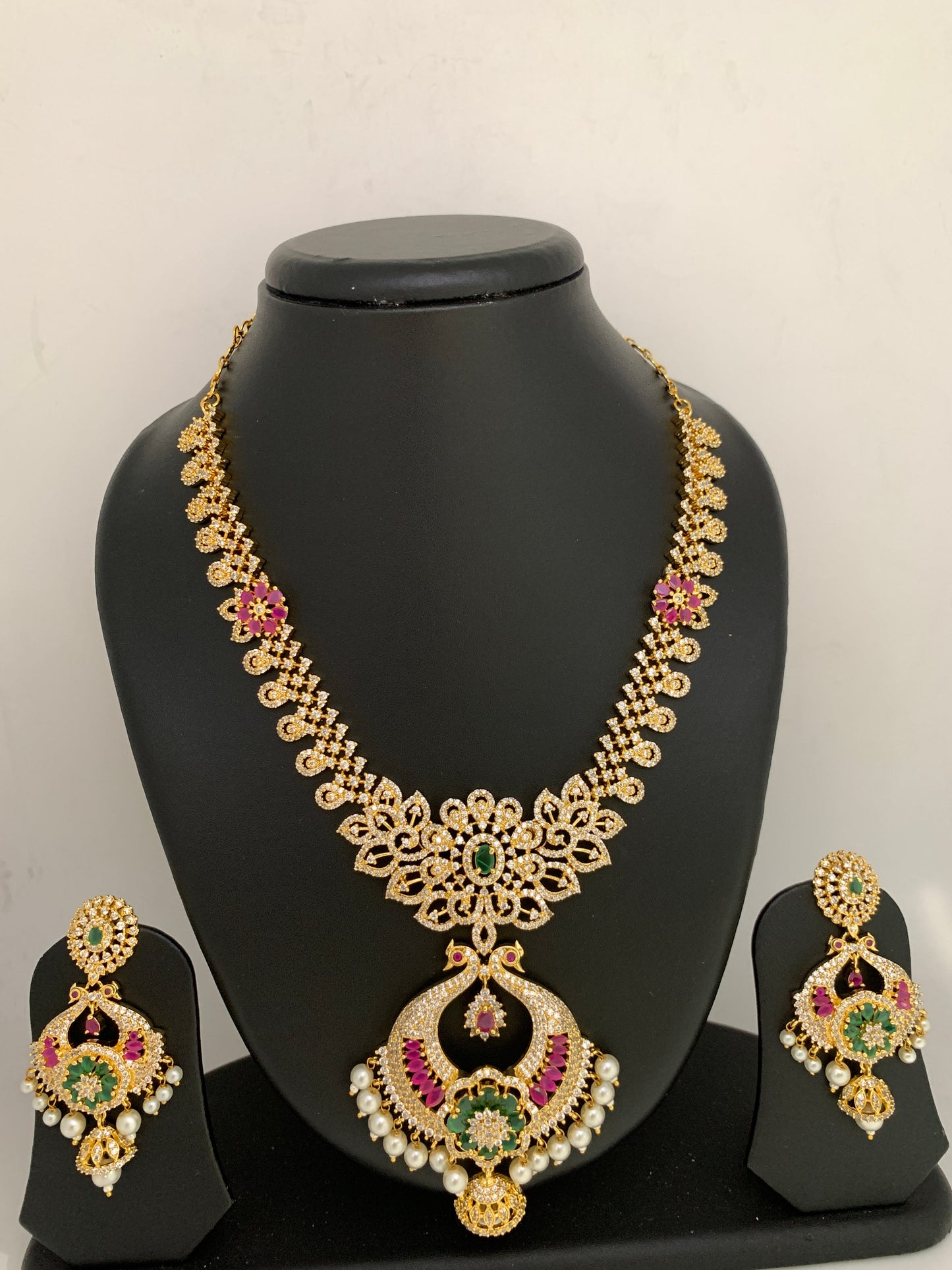 AD Red Green Stone Peacock Chandbali Design Golden Finish Short Necklace