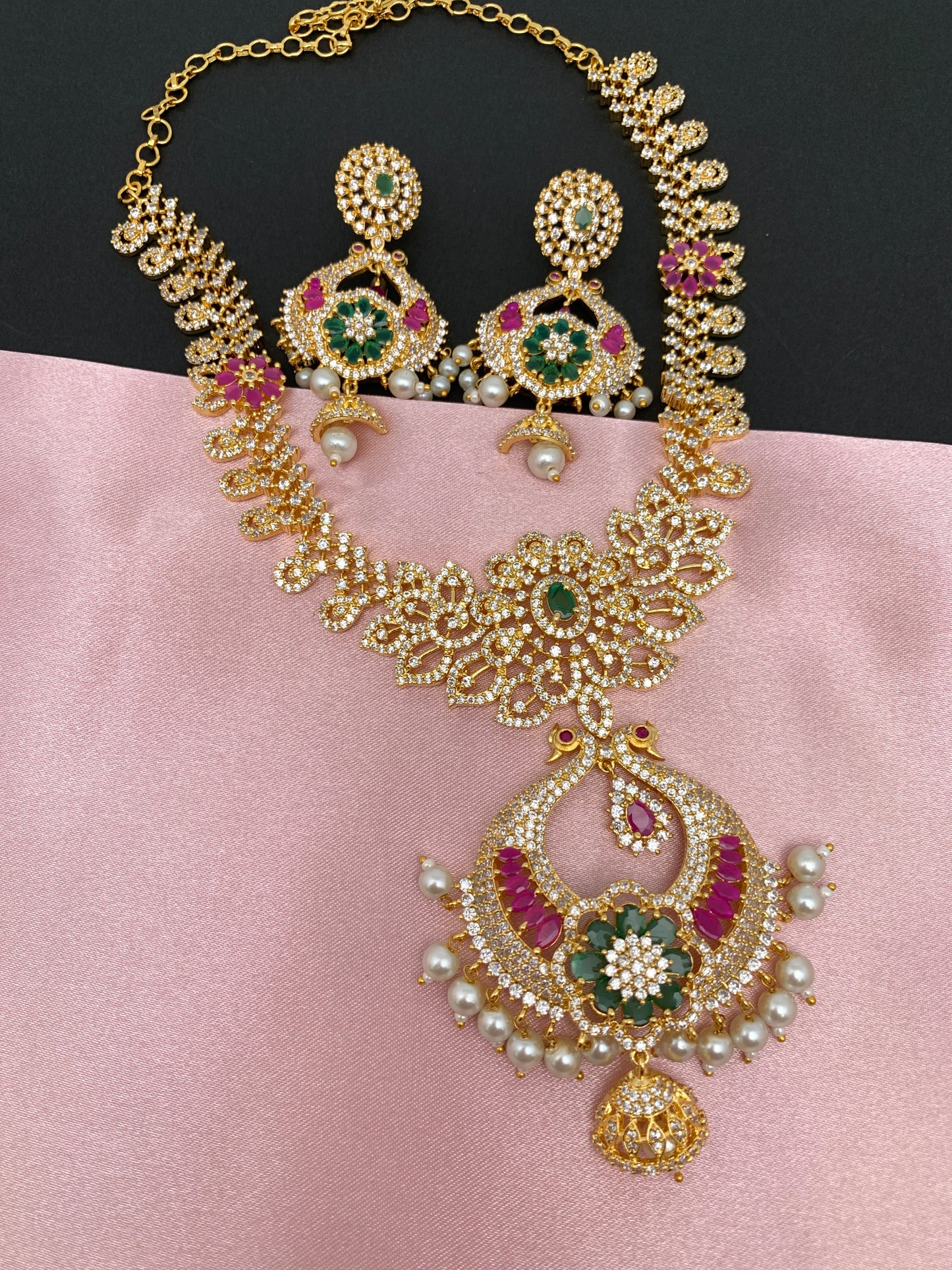AD Red Green Stone Peacock Chandbali Design Golden Finish Short Necklace