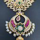 AD Red Green Stone Peacock Chandbali Design Golden Finish Short Necklace