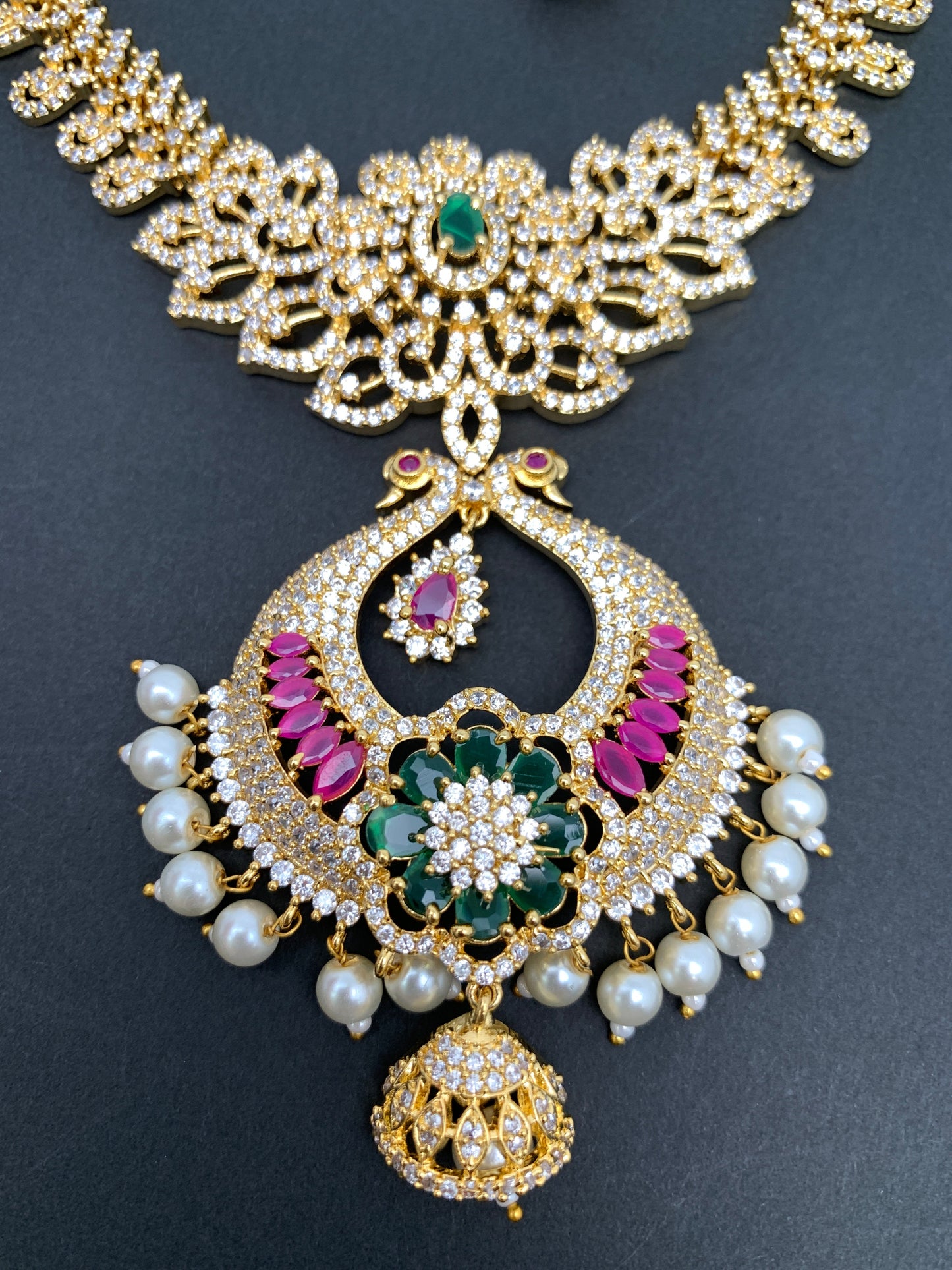AD Red Green Stone Peacock Chandbali Design Golden Finish Short Necklace
